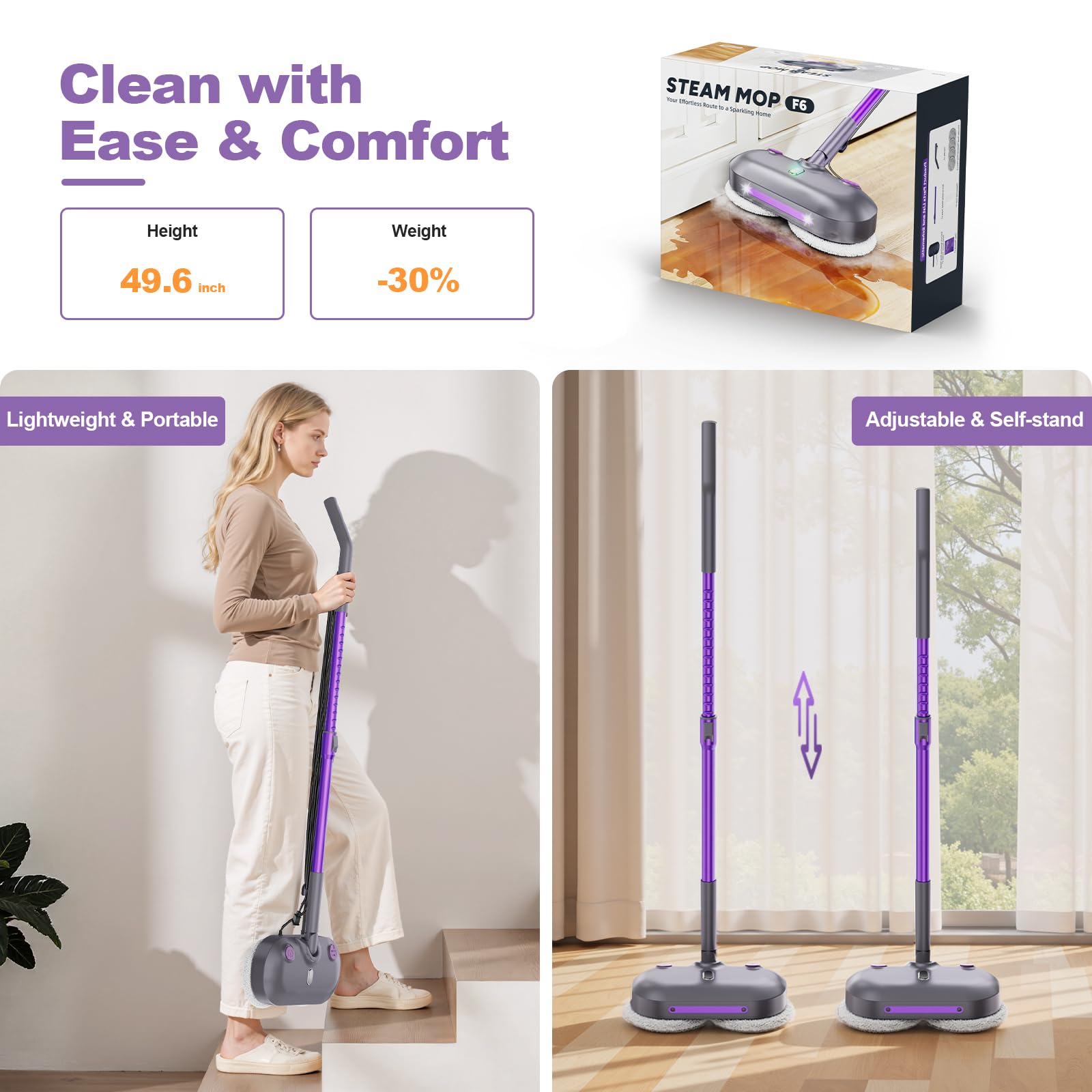 Fregona de vapor y fregona con almohadillas giratorias, limpiador de suelos para fregar y desinfectar, tanque de agua XL, cable de 23 pies, faros LED, almohadillas reutilizables y autónomo para suelos