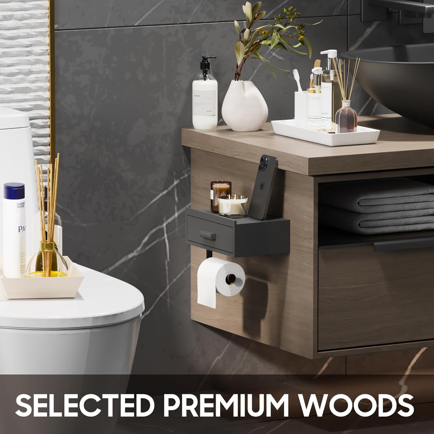 Toilet Paper Holder with Shelf,Wall Mount/Adhesive Matte Black Toilet Paper Holder,Wipes Dispenser for Bathroom,Wood Toilet Roll Holder with Storage Drawer