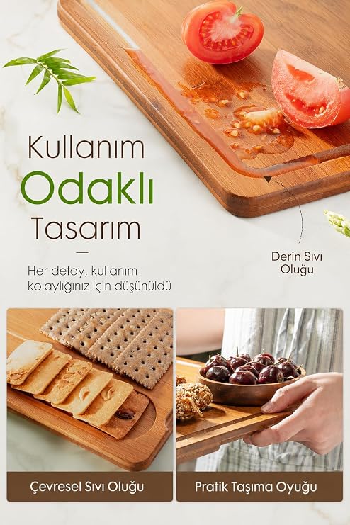 Standlı 3'lü Masif Ahşap Kesme Tahtası Seti, Armut Ağacı, Çift Taraflı, Sıvı Oluklu, 3 Farklı Boy