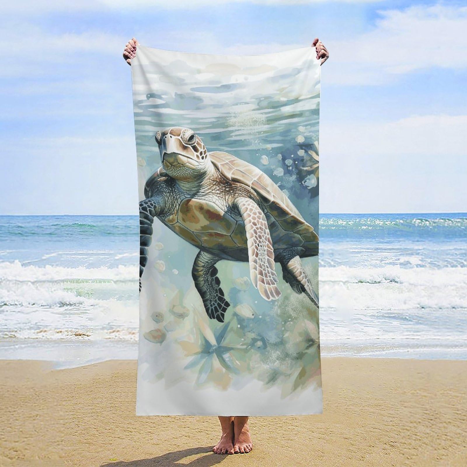 Watercolor Painting of Sea Turtle Swimming in The Sea Beach Towel Oversized Microfiber Bath Towels Lightweight Sand Proof Beach Towels Absorbent Pool Towels for Swimming Yoga Bathroom Towel 31.5" X 63