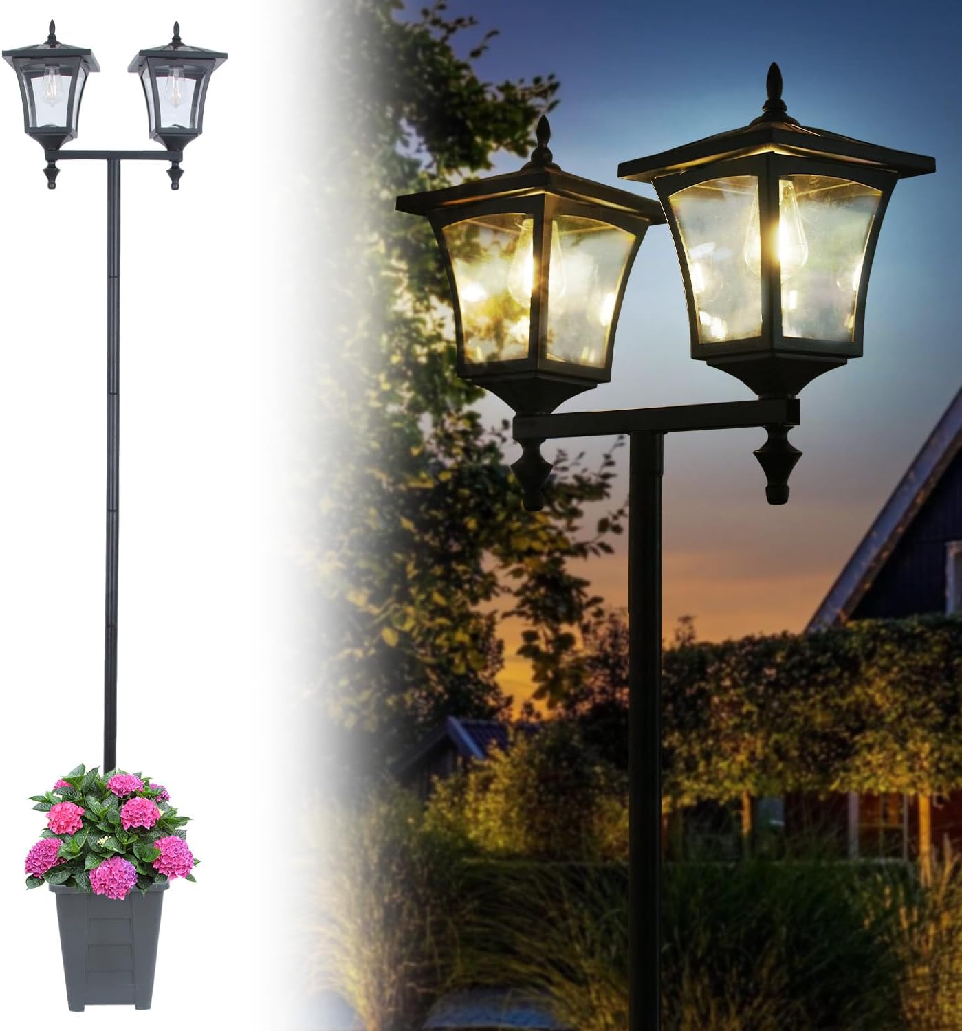 2 Pack 68.9" Solar Lamp Post Light with Planter,2-Head Solar Pole Light Outdoor Waterproof for Porch,Yard,Driveway,Garden,Patio Decor