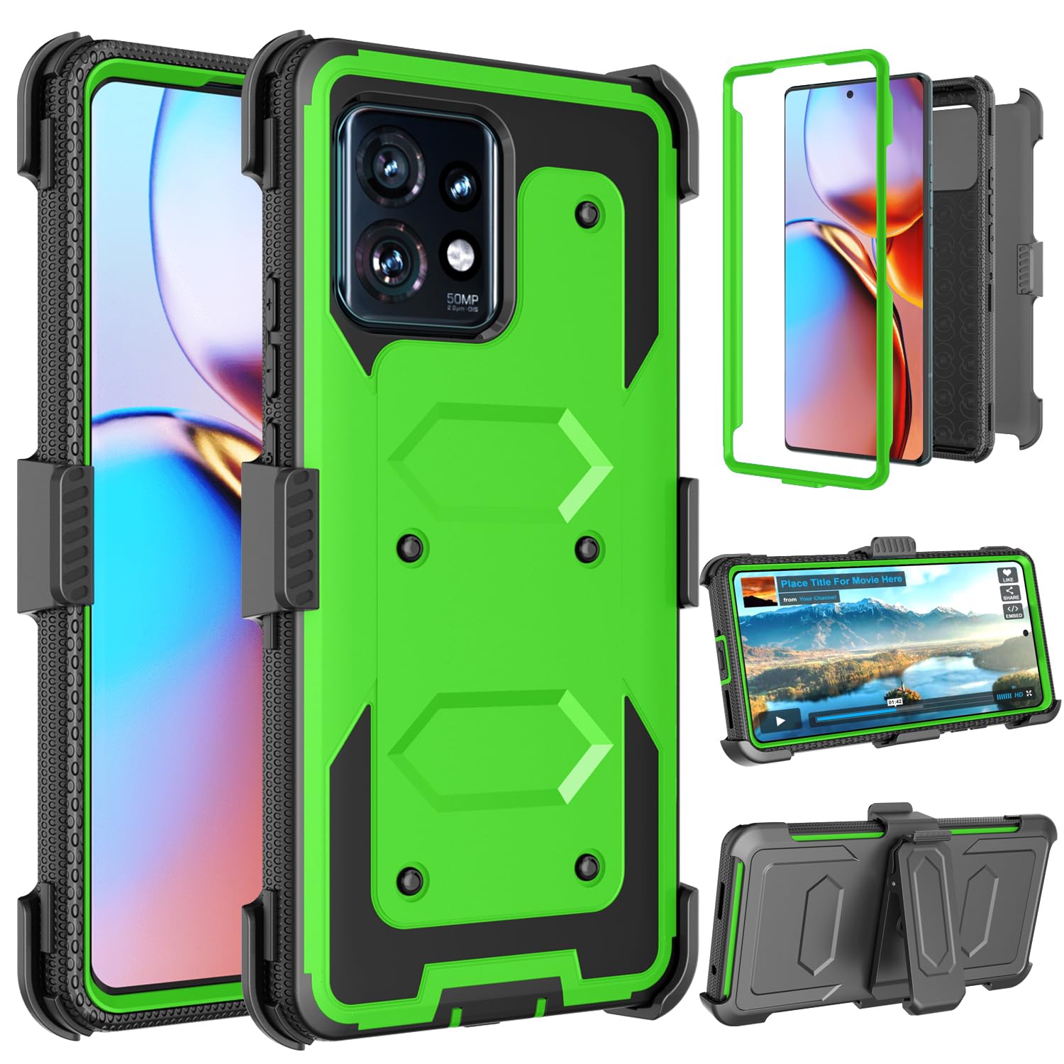 Takfox Moto Edge Plus 2023 Case, for Motorola Edge+ (2023) 5G UW Case, Kickstand Belt Clip Holster Full-Body Military Grade Protective Shockproof Rugged Defender Phone Cover-Green