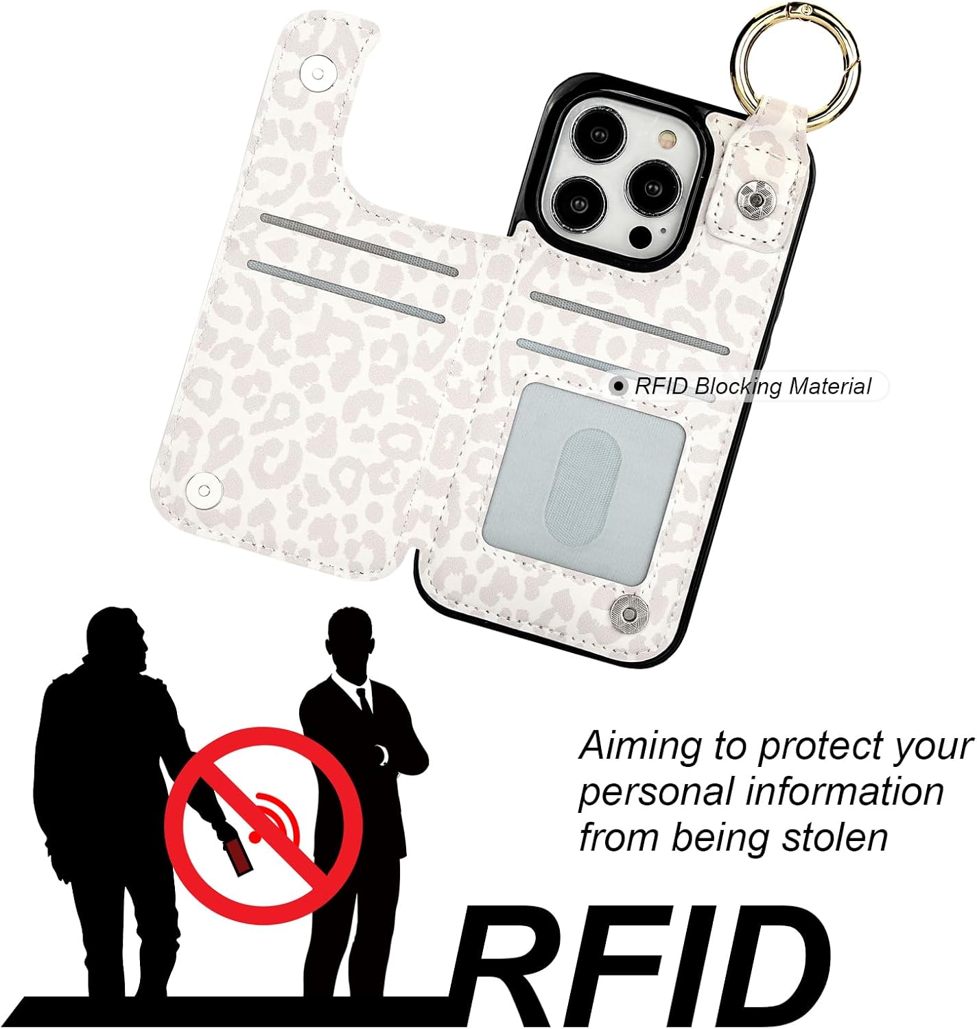 HAOPINSH for iPhone 14 Pro Wallet Case with Card Holder, White Leopard Cheetah Print Back Flip Folio PU Leather Kickstand Card Slots Case, Finger Grip Ring Double Magnetic Clasp Shockproof 6.1"