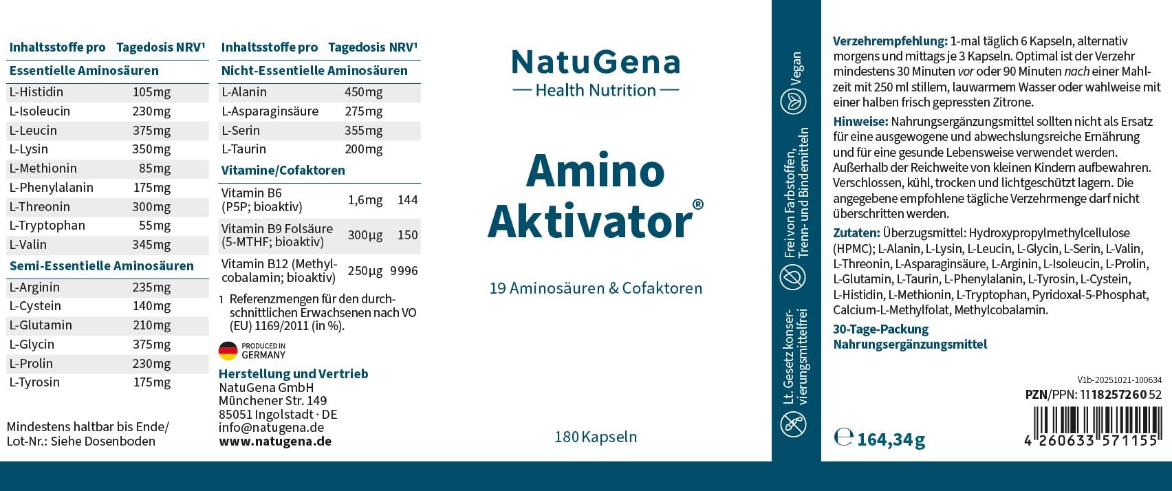 NatuGena AminoAktivator, 19 Aminosäuren & Cofaktoren, Vitamin B6, B9, B12, Aminosäuren, 180 Kapseln (1 Monats Packung)