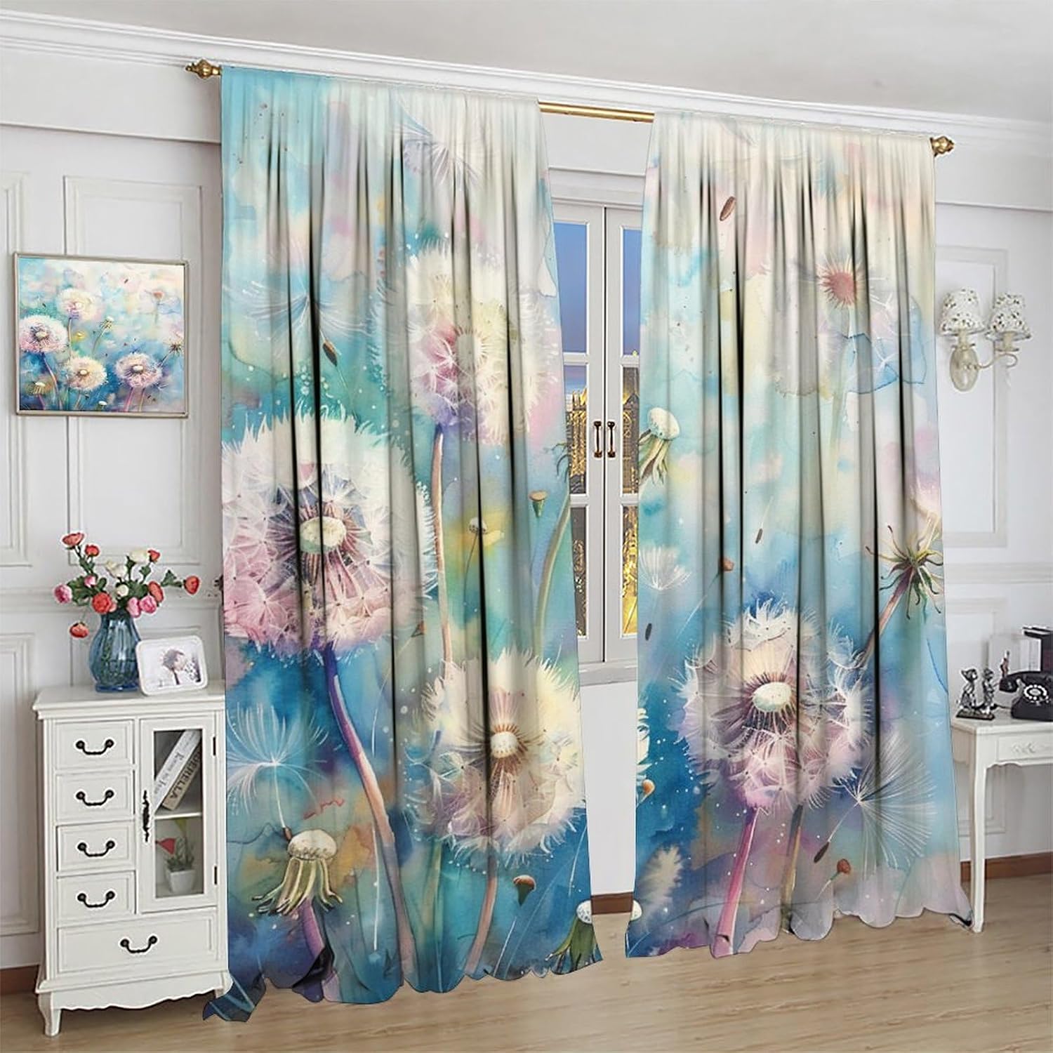 Abstract Garden Blackout Curtains for Bedroom Living Room, Rod Pocket Cartoon Dandelion Leaf Curtains Thermal Insulated Window Drapes 2 Panels, Each 27.5W x 63L