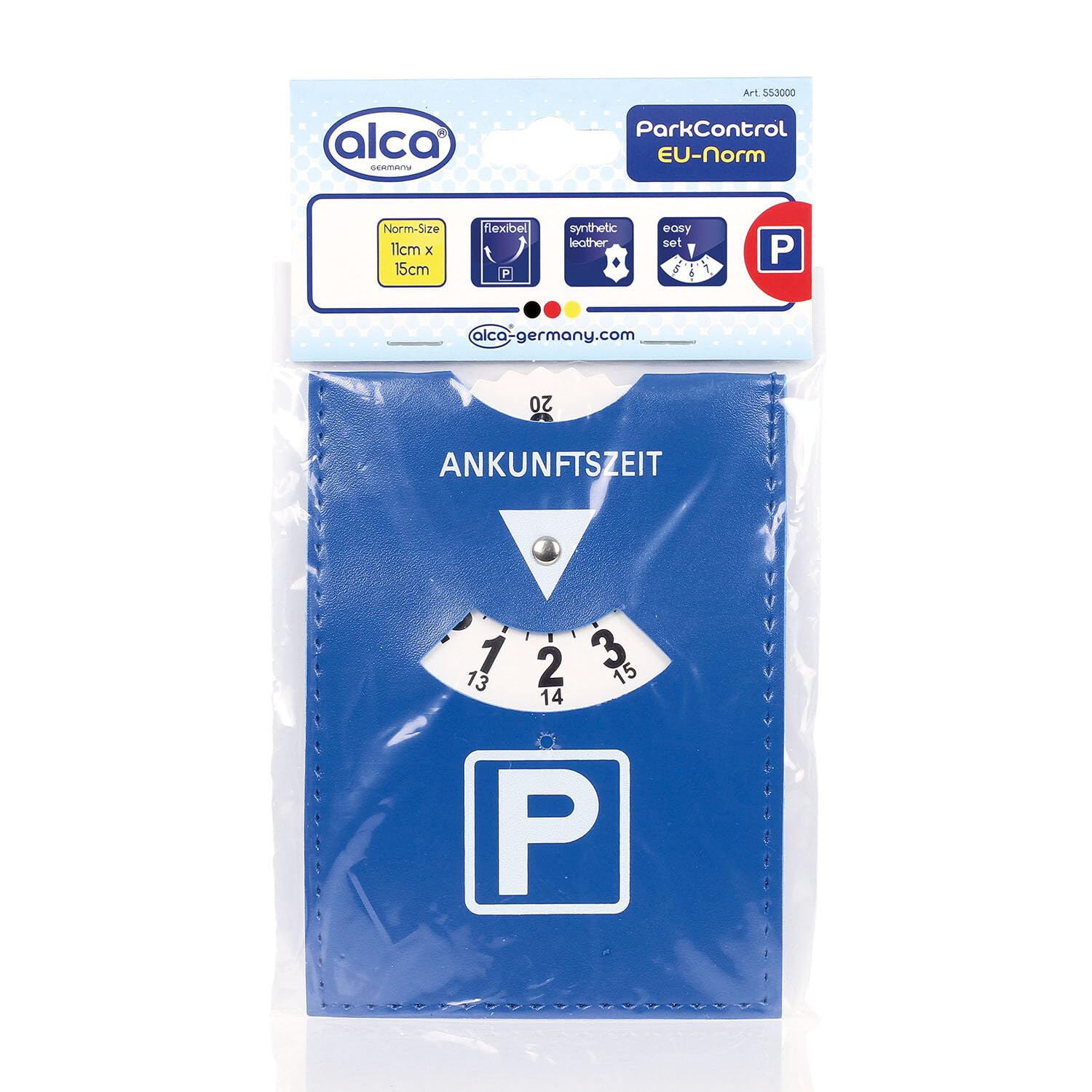alca® Parkscheibe nach EU-Norm – hitzebeständig, flexibel, aus Kunstleder, 11 x 15 cm, blau-weiß