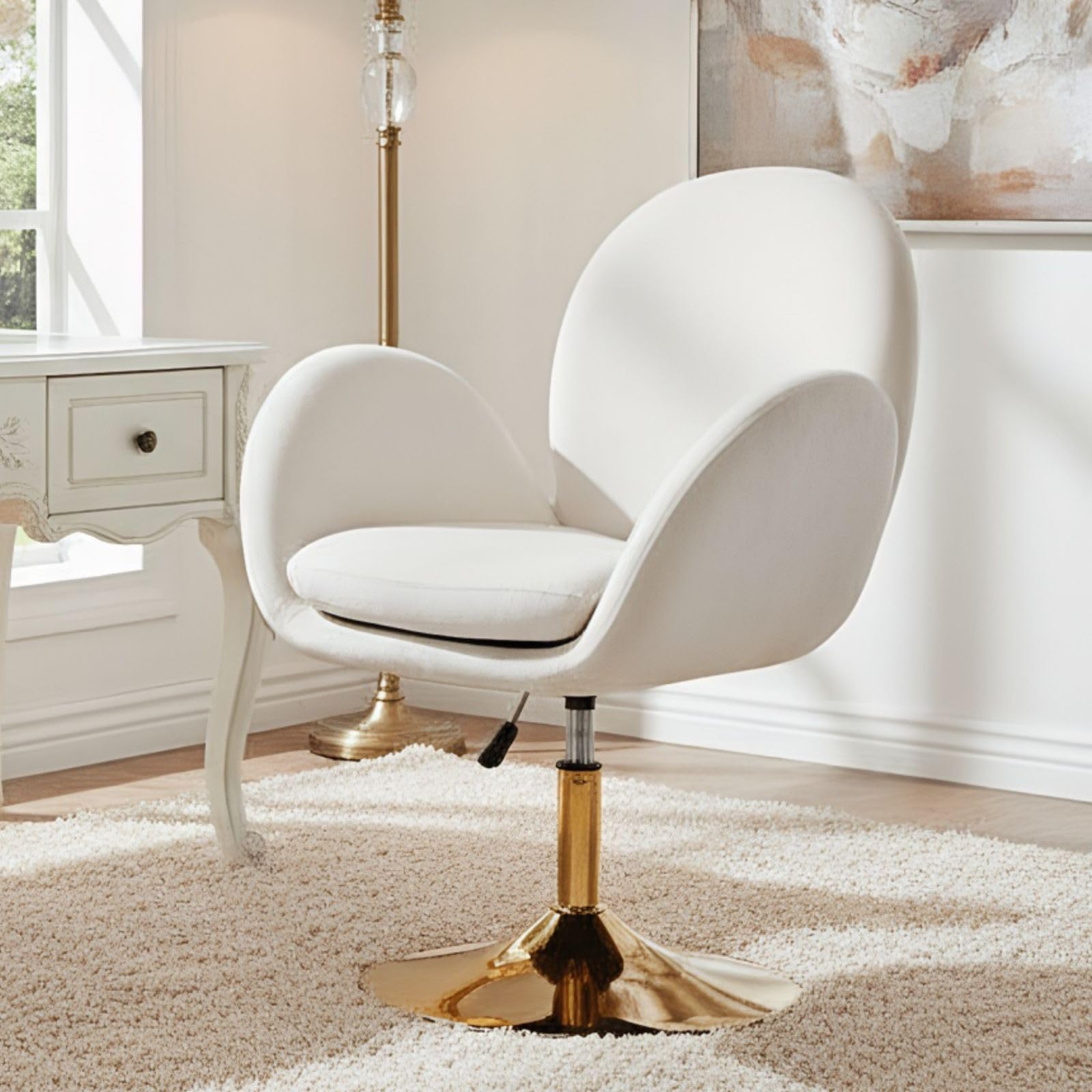 chairus Velvet Swivel Dressing Table Chair Modern Living Room Chair with Adjustable Height, Upholstered Bedroom Chair with Gold Base Chair Elegant Armchair for Home/Bedroom, Beige