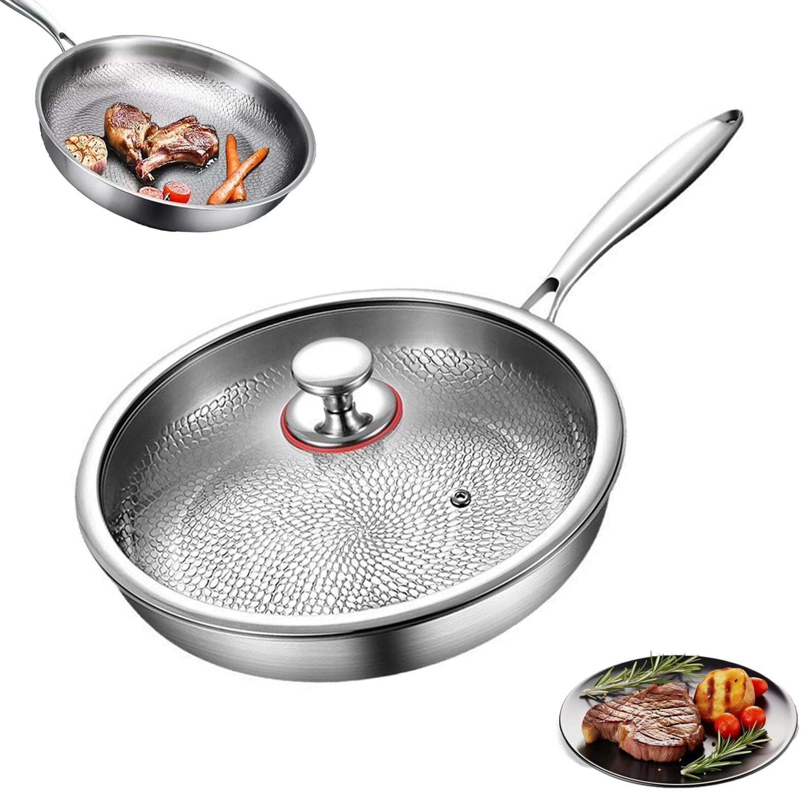 Titan Pfanne, Titan Bratpfanne, 28 CM Titanium Pfanne Unbeschichtet,Titanium Hammered Pan Pro mit Deckel, Physikalische Antihaft-Struktur durch gehämmertes Muster, Für alle Herdarten Induktion