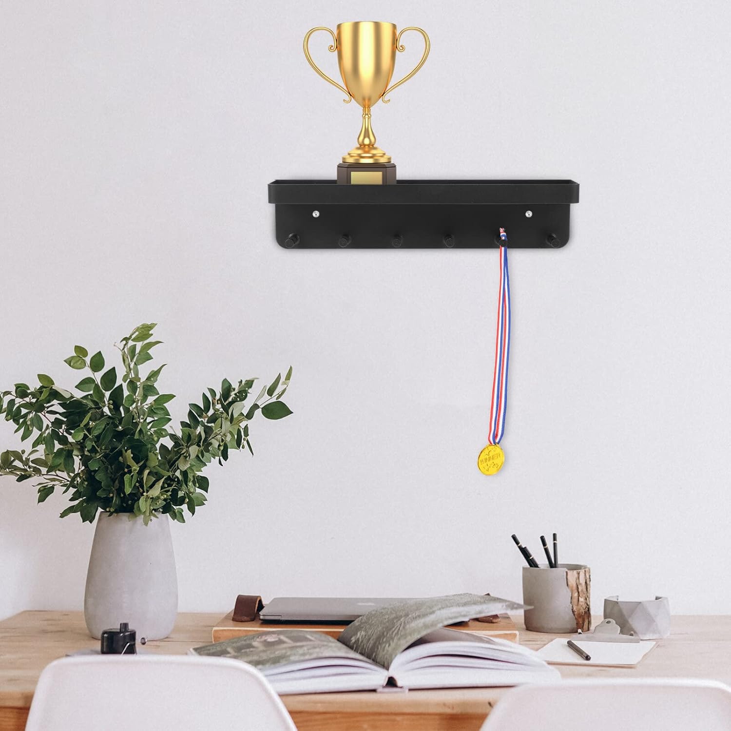 Metal Wall Mount Shelf Display Holder Rack with 6pcs Hooks for Tennis Football Sport Trophy Medal Prizes Organizer Black