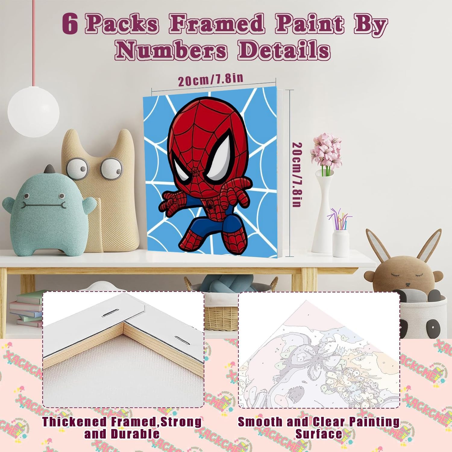 CraftyTime 6 Pack Cartoon Paint by Number for Kids with Frame Canvas，Easy Paint by Numbers for Kids Ages 4-8-12, DIY Acrylic Oil Painting Kits for Home Wall Decor (8X8inch)