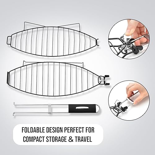 Miniatura 4 de Cesta para asar pescado para parrilla, cesta de acero inoxidable, estante antiadherente para asar con cerradura ajustable, mango extraíble, ideal