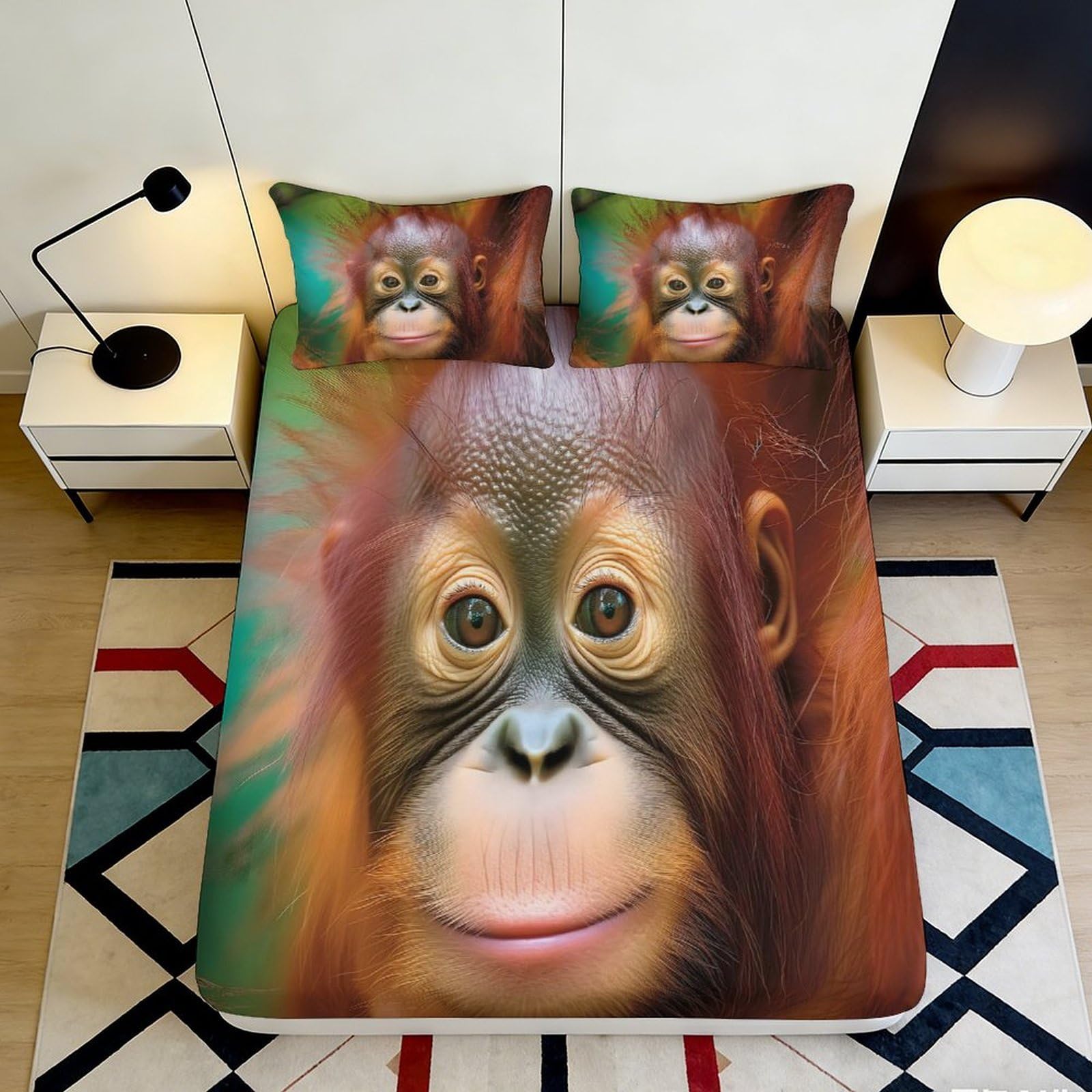 3D Printed Orangutan Face Fitted Sheet Microfiber Soft Breathable Monkey Art Mattress Cover for Bedroom Dorm Decor 90x200x25cm