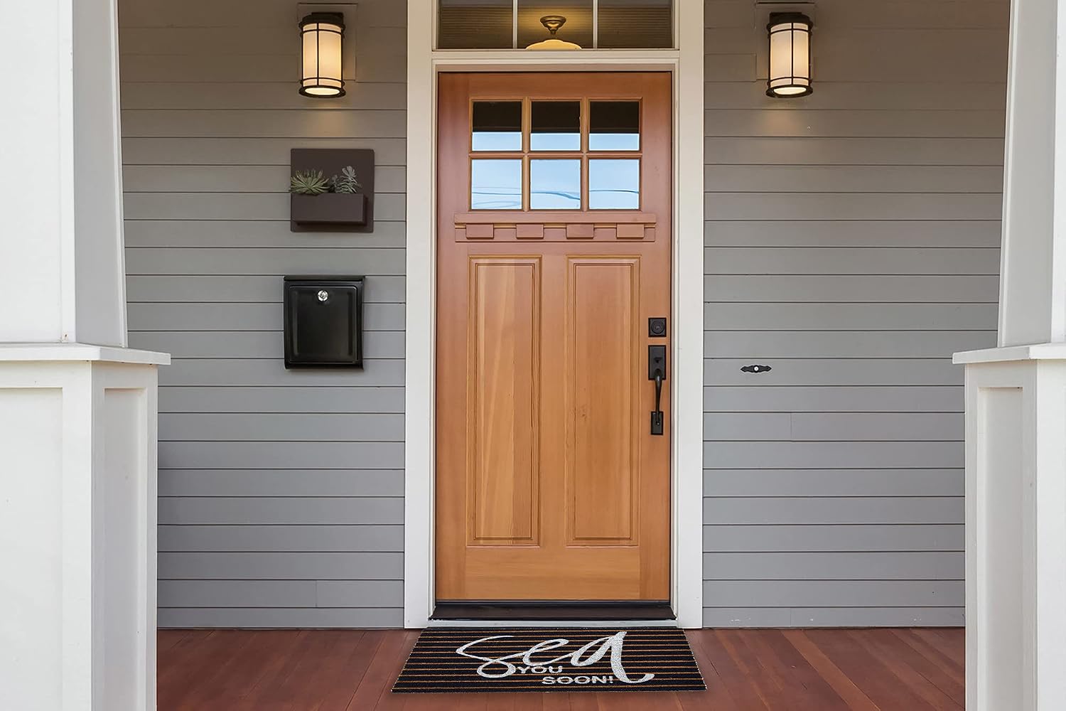 Creative Co-Op Coir Entry Doormat Sea You Soon with Non-Slip Liner Backing for Nautical or Coastal Home Décor, Brown & White Stripe Design