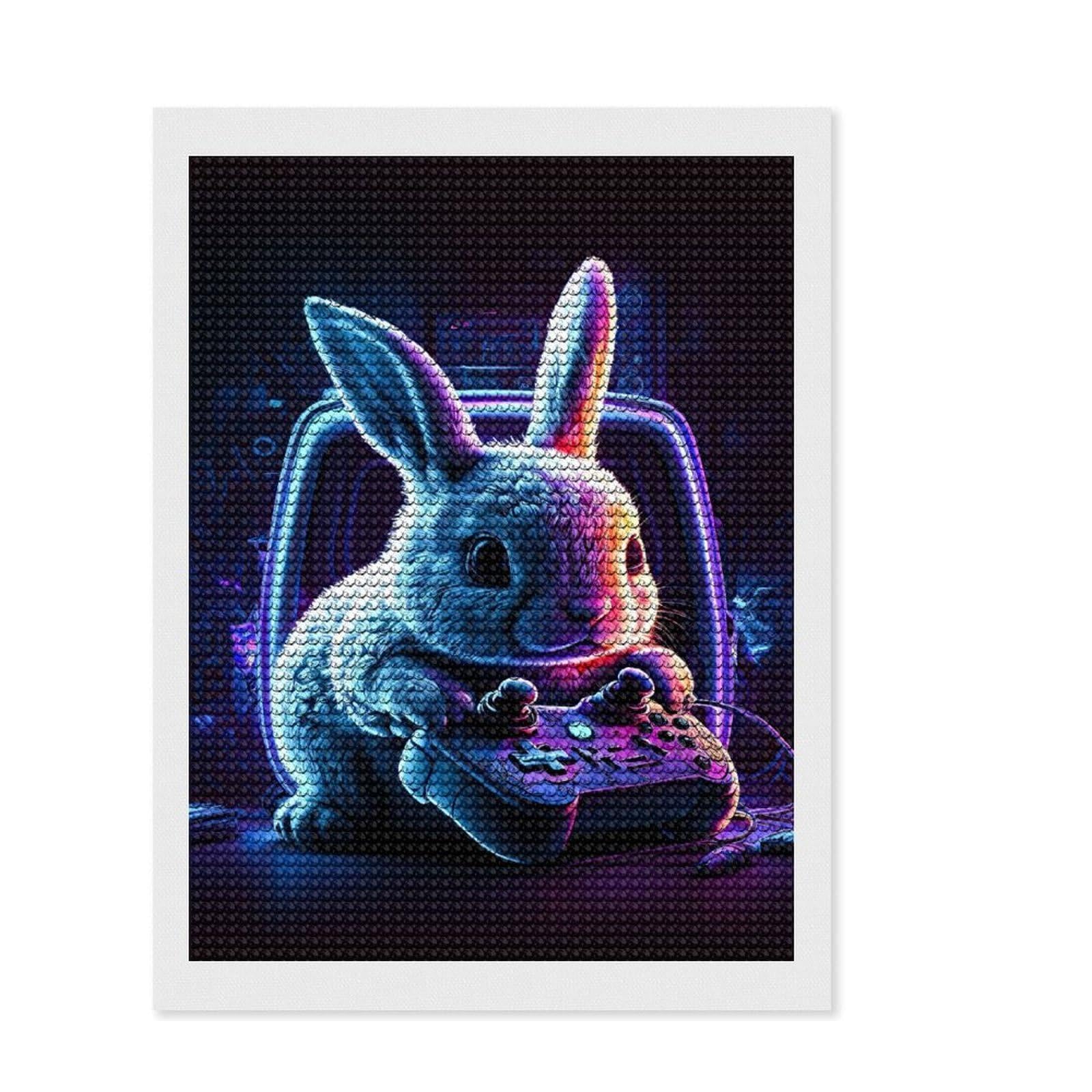 Junmoney Rabbit Neon Game Diamond Art Canvas 12"x16", for Women, Complete Accessories, Birthday Gift, Cosy Home Accent, Sparkling Round Gems