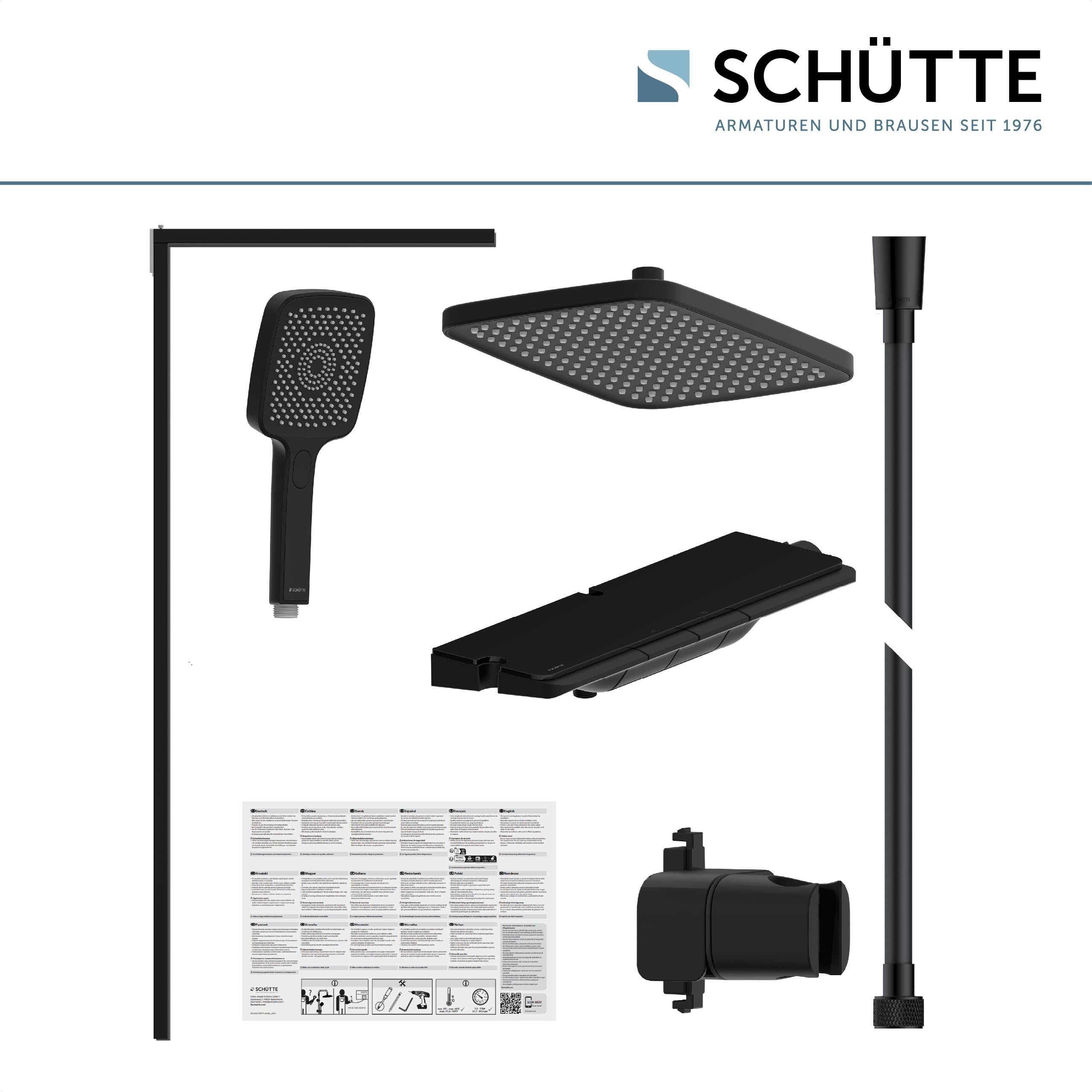 Schütte HAWAII Duschsystem mit Thermostat und Glasablage, Duschset mit 30x20cm Kopfbrause, Regendusche mit Wandhalterung und Duschkopf, Duschpaneel Duschsäule, Schwarz