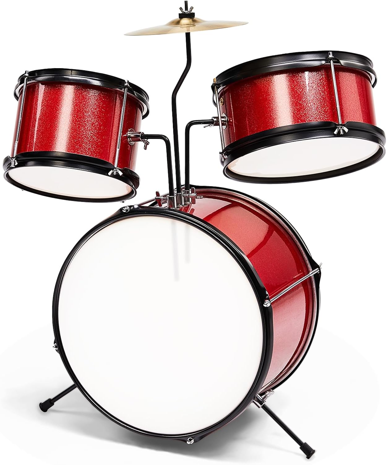 14-Inch Kids Drum Set, 3-Piece Junior Beginner Drum Set for Kids with Cymbal, Adjustable Stool, Two Pairs of Drumsticks, Pedal & Screw Wrench – Red