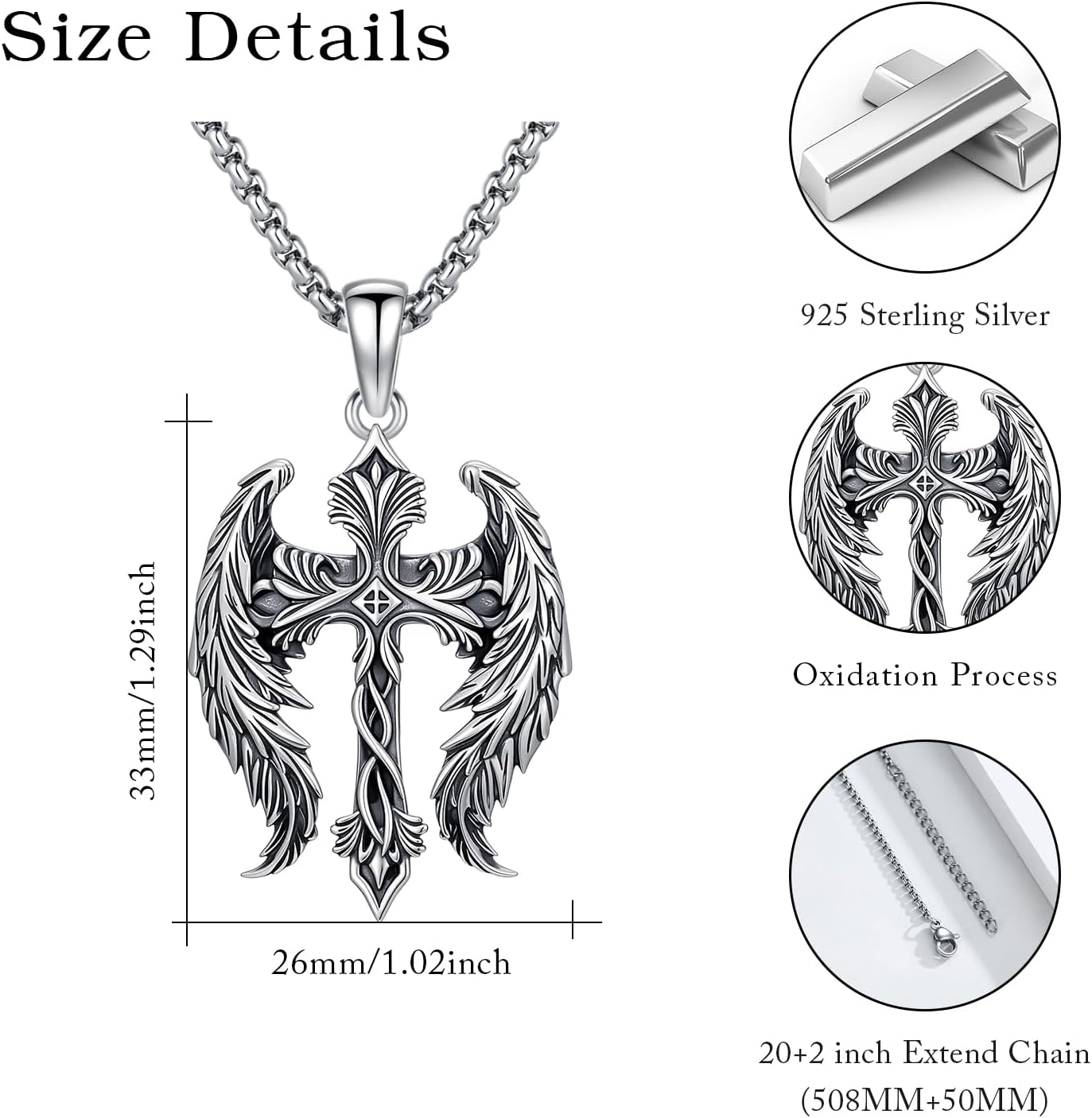 Cross Wings Necklace for Men Women S925 Sterling Silver Guardian Angel Wings Cross Pendant Necklaces Gifts for Men Angel's Wing Jewelry Birthday Gift 20+2 Inch Stainless Steel Chain - Image 4