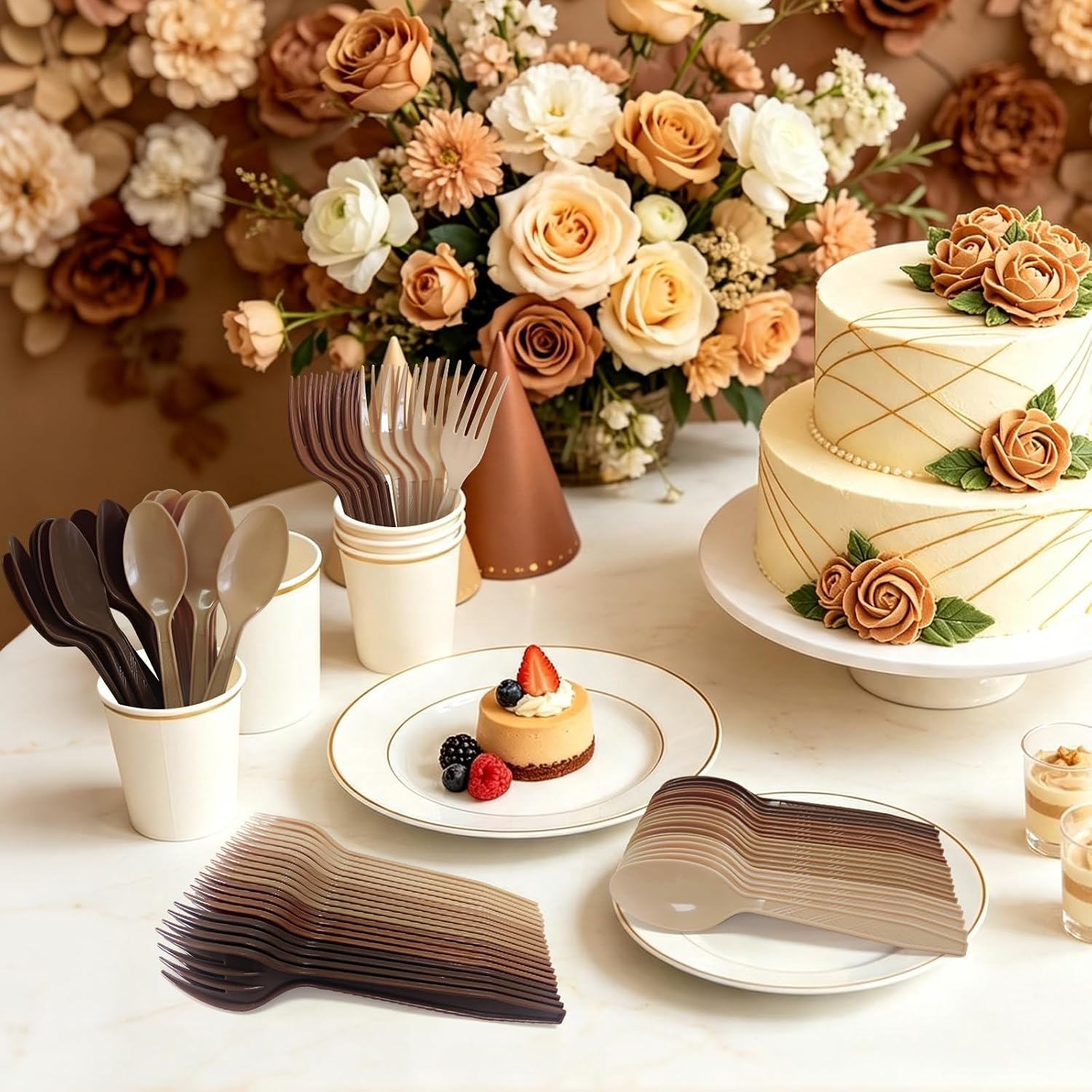 100 Pcs Disposable Brown Plastic Spoons and Forks image 5