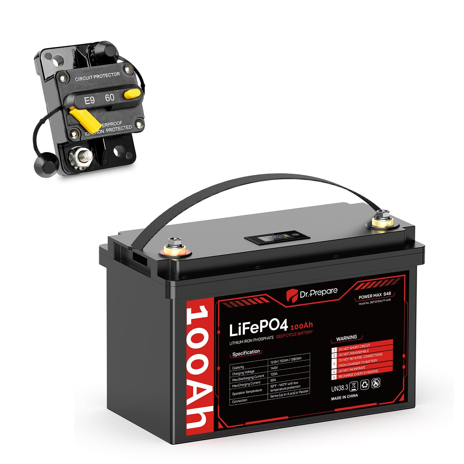 DR.PREPARE12V 100Ah Trolling Motor LiFePO4 Battery with LCD Meter & 60A Circuit Breaker Kit, Group 31 Lithium Iron Phosphate Battery with 100A BMS, Low-temp Protection for Boats, RV, ATV, Trailers