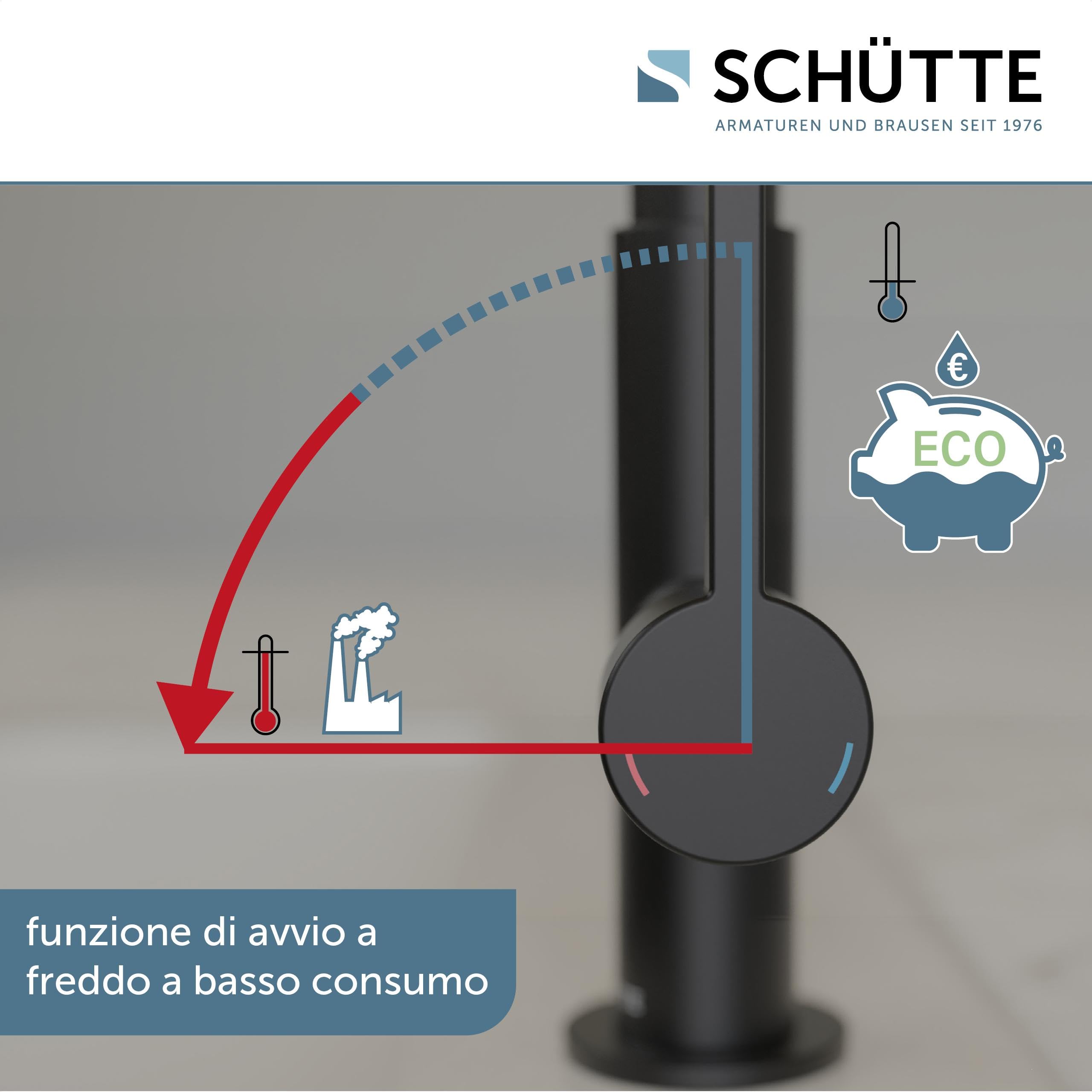 SCHÜTTE GLASGOW 79586 - Rubinetto flessibile per lavello con funzione Eco-Click, rubinetto da cucina, rubinetto nero, beccuccio con tubo soft touch, girevole a 360 gradi, rubinetto cucina