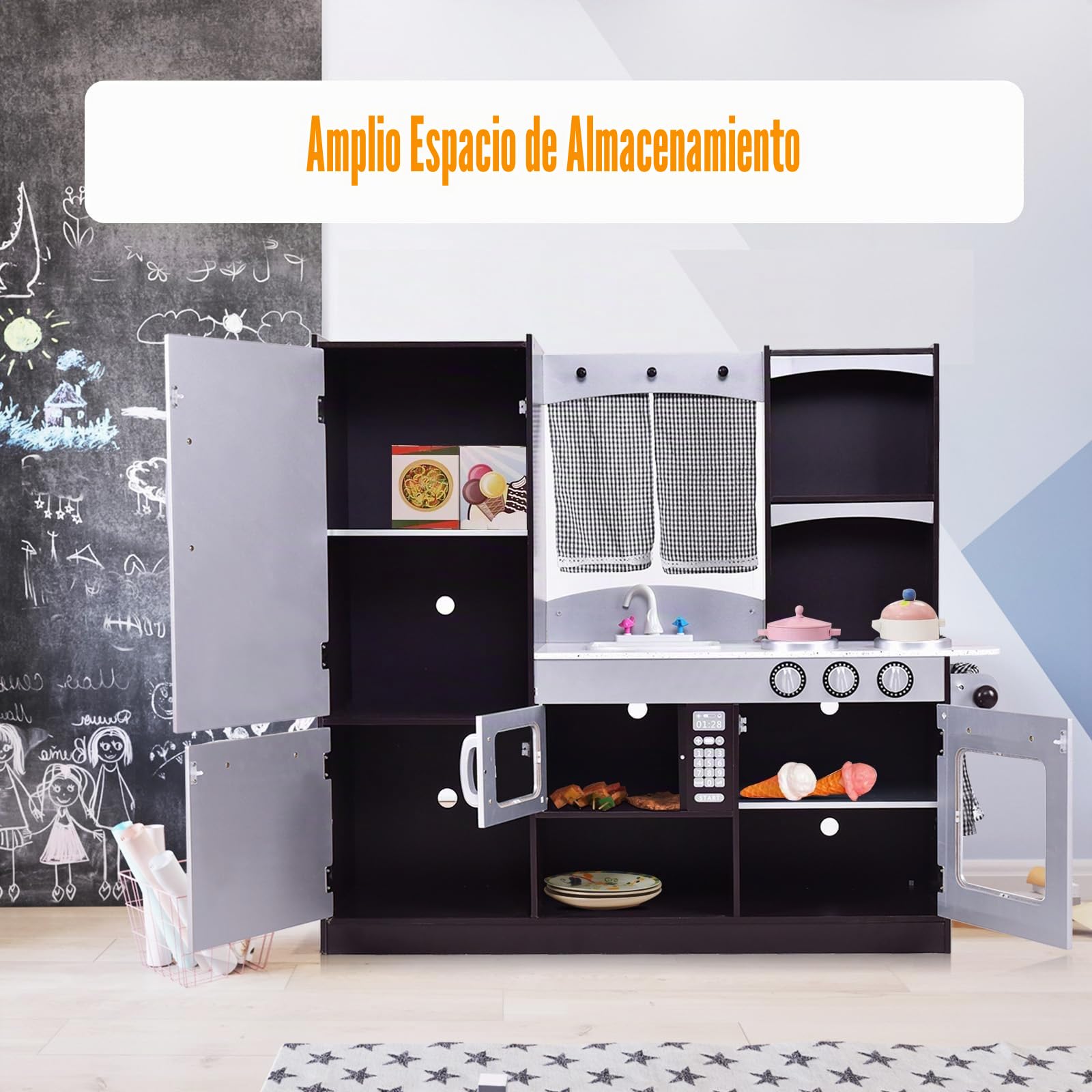 RELAX4LIFE Cocina Juguete de Madera para Niños, Cocinita Infantil con Horno, Microondas, Estufa, Nevera, Accesorios Realistas, 2 Estantes, Cocina Infantil para Niños 3+ Años