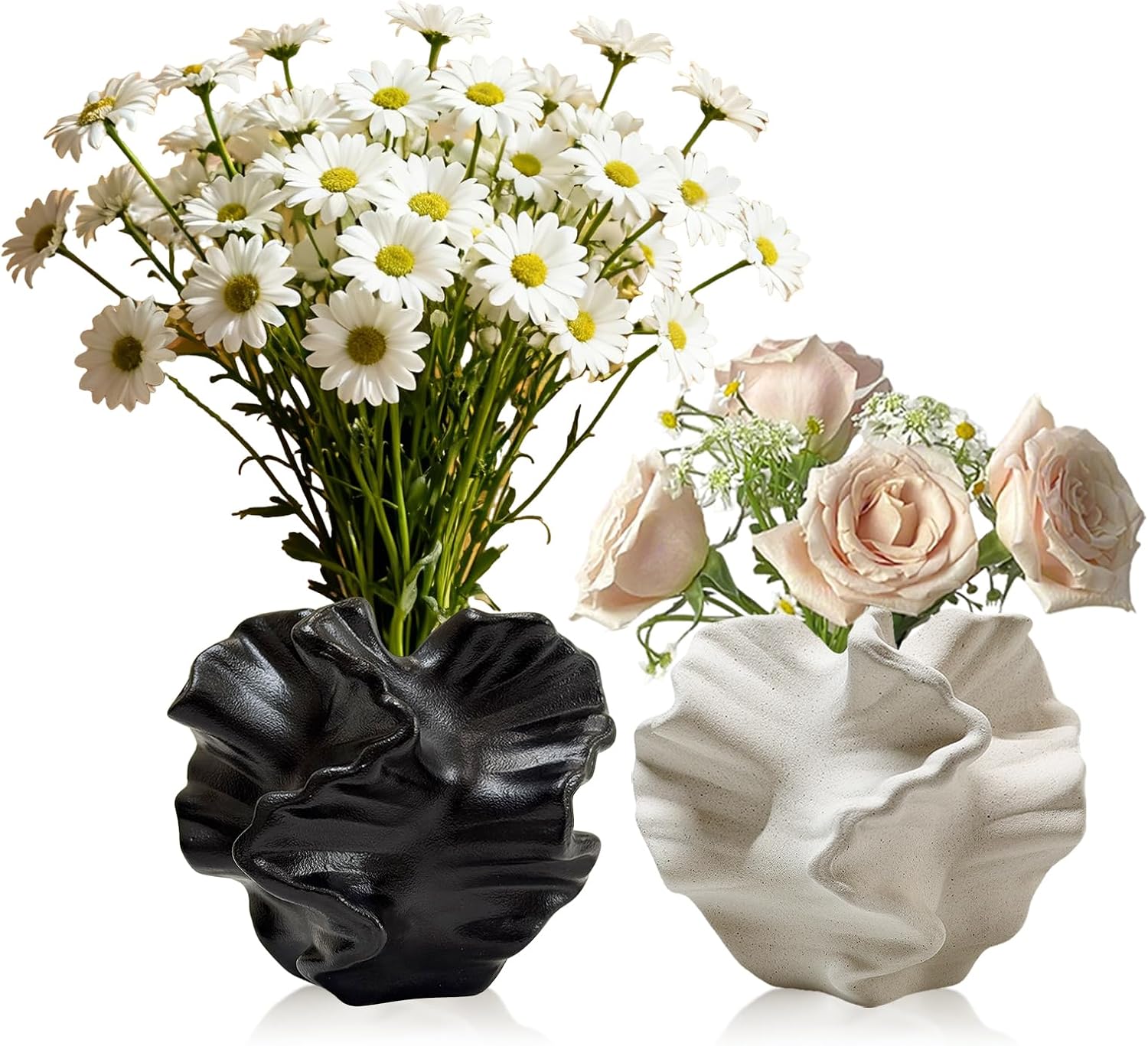 Ceramic Vase, Set of 2 Black & White Vases for Home Decoration, Flower Vase Minimalist Nordic Boho Style for Modern Farmhouse Decor, Living Room; Kitchen; Bedroom; Coffee Table; Office etc