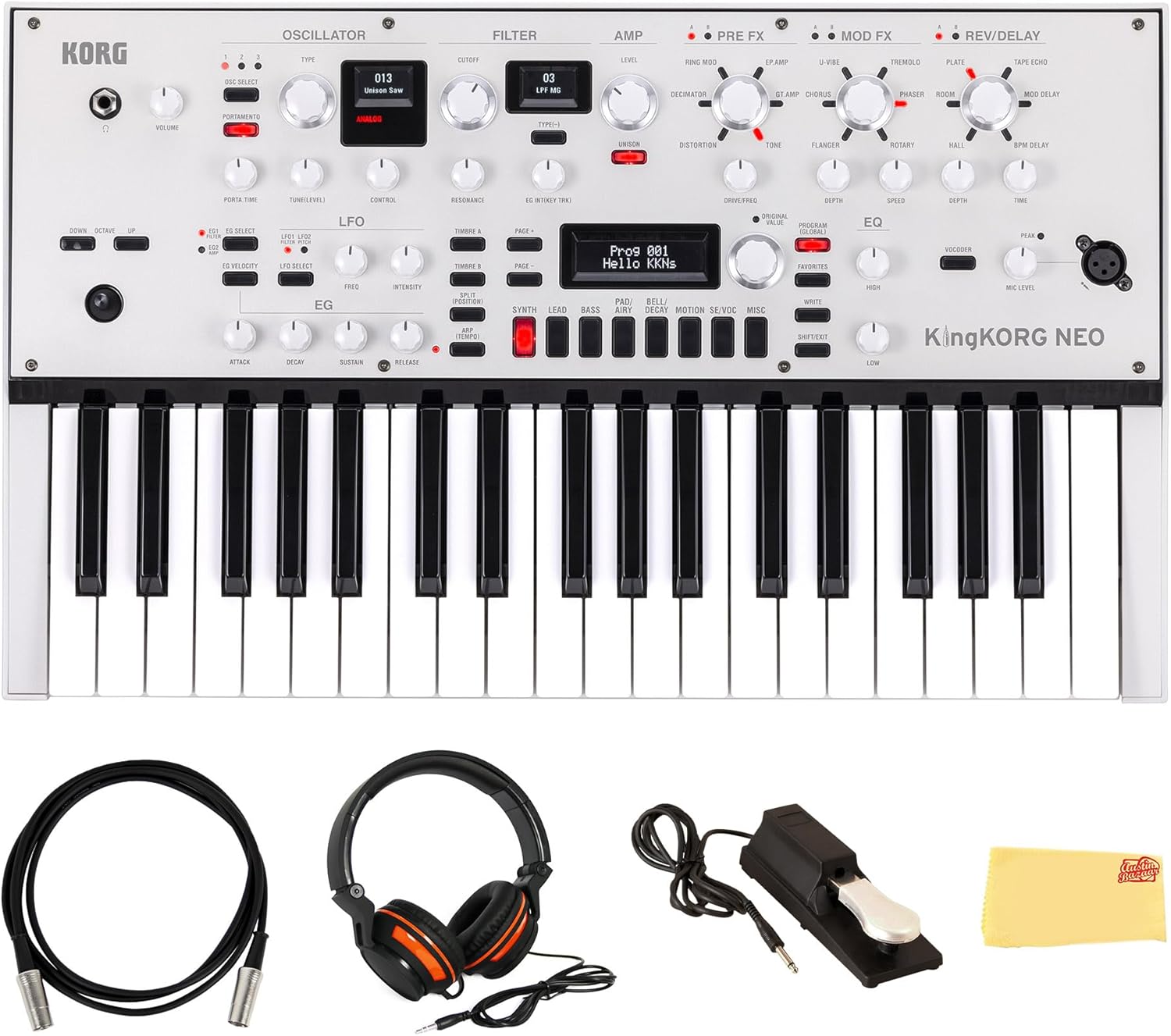 Korg KingKORG NEO 37-Key Virtual Analog Synthesizer Bundle with Sustain Pedal, Midi Cable, Headphones, and Austin Bazaar Polishing Cloth