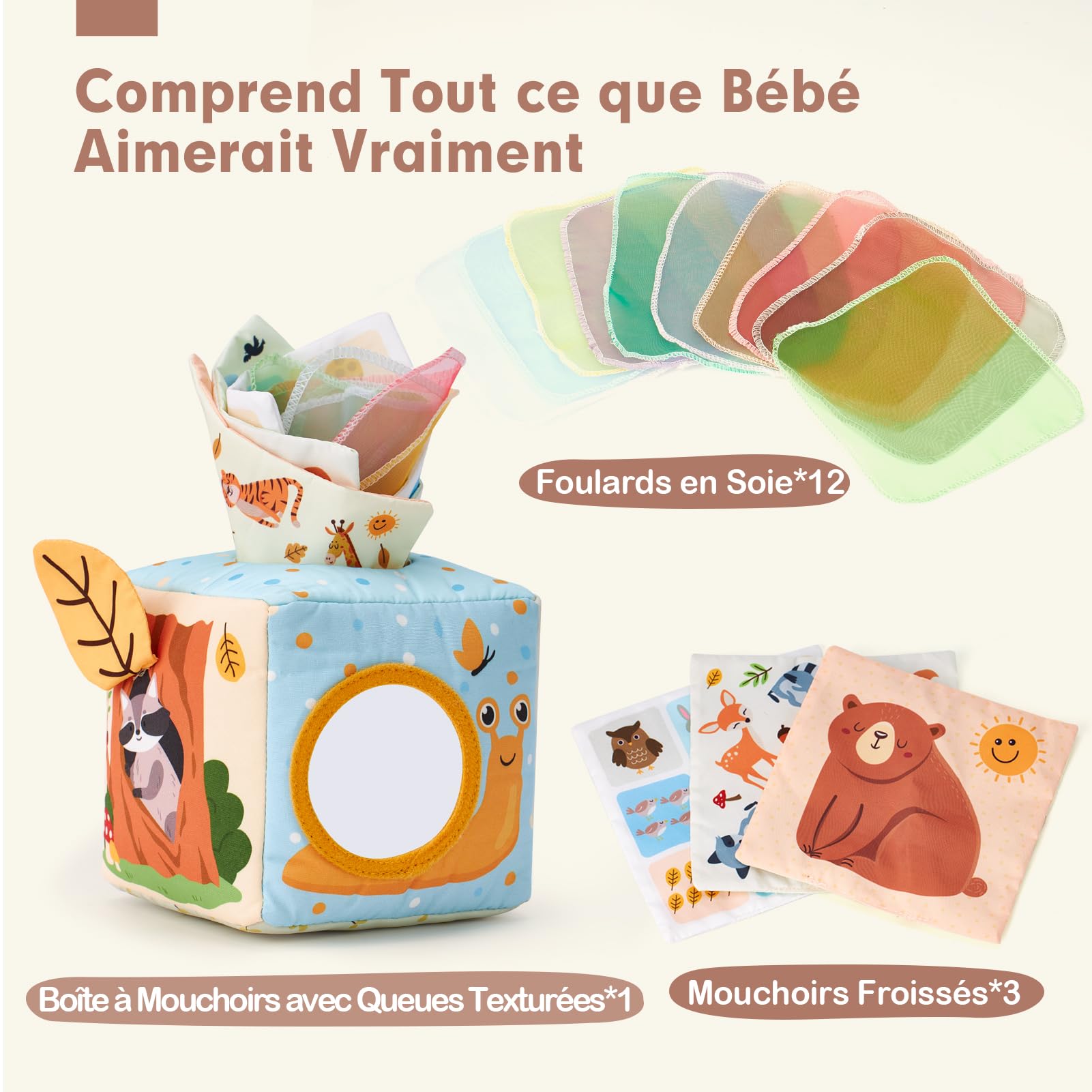 hahaland Jouet Bébé Boîte à Mouchoirs 6 Mois Jouet Sensoriels Montessori Aves Papiers Froissés et Boîte à Tissus, Jouets D'Éveil Bébé avec Miroir, Cadeau pour Fille Garcon 3 6 9 12 Mois