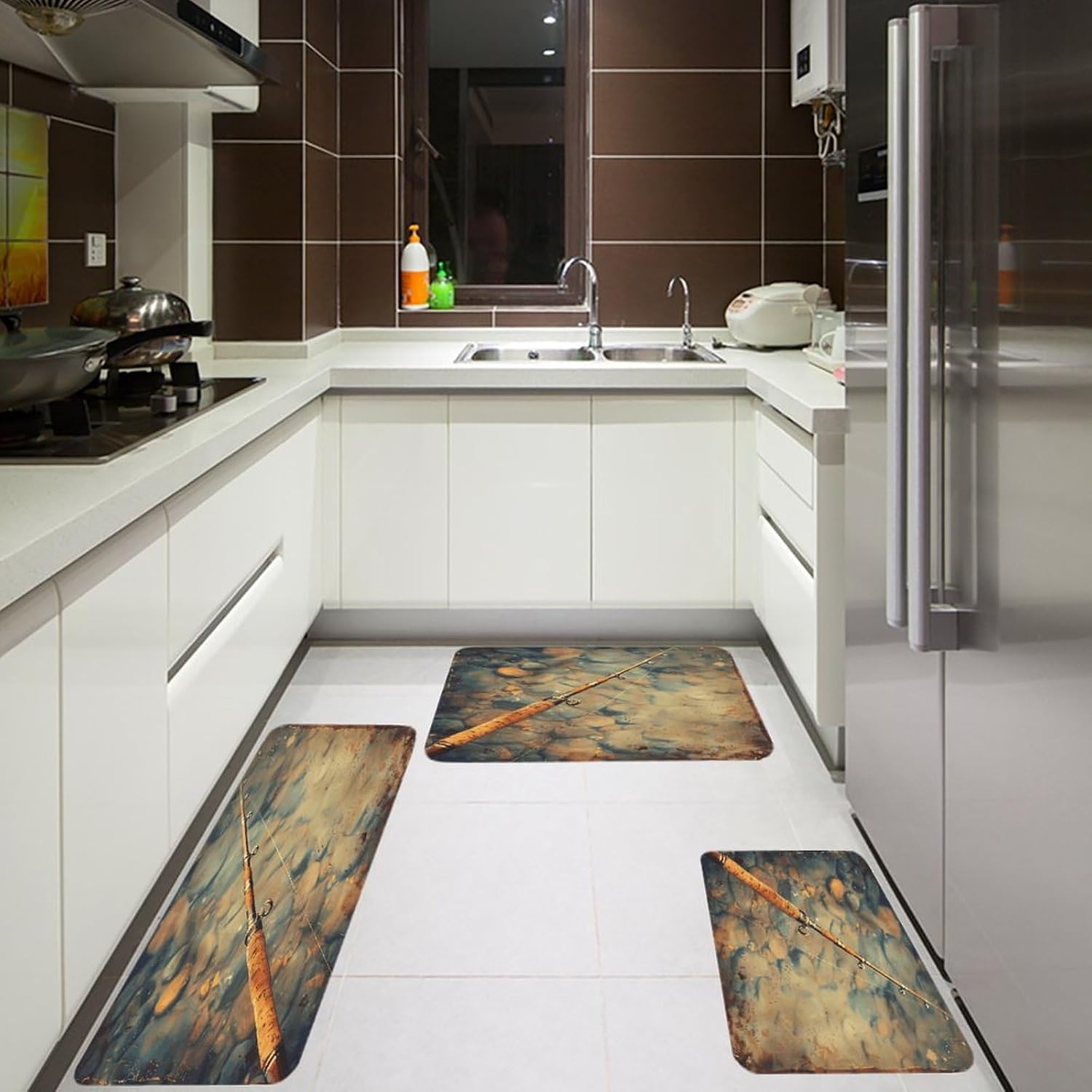 Fishing Rod Kitchen Rugs Sets of 3 Washable Non Slip Kitchen Rug Water Resistant Carpet Piece Anti Fatigue Kitchen Mats Soft Comfort Standing Mat Modern Area Rug