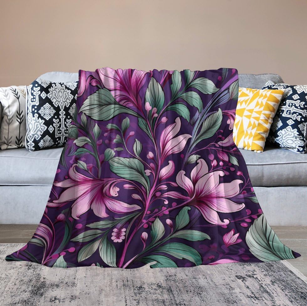Couverture ultra douce en micro polaire au fini floral violet haut de gamme