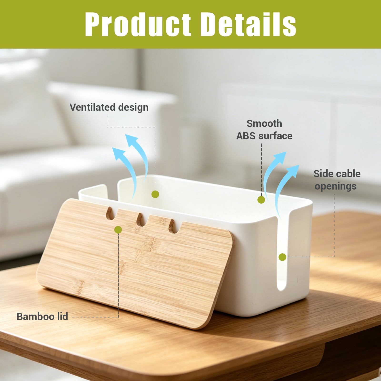 Set da 3 Scatola Porta Cavi, Scatola Nascondi Cavi Organizer per Multipresa, per Scrivania, Prese Elettriche, Casa e Ufficio, Coperchio in Bambù e Design Perforato