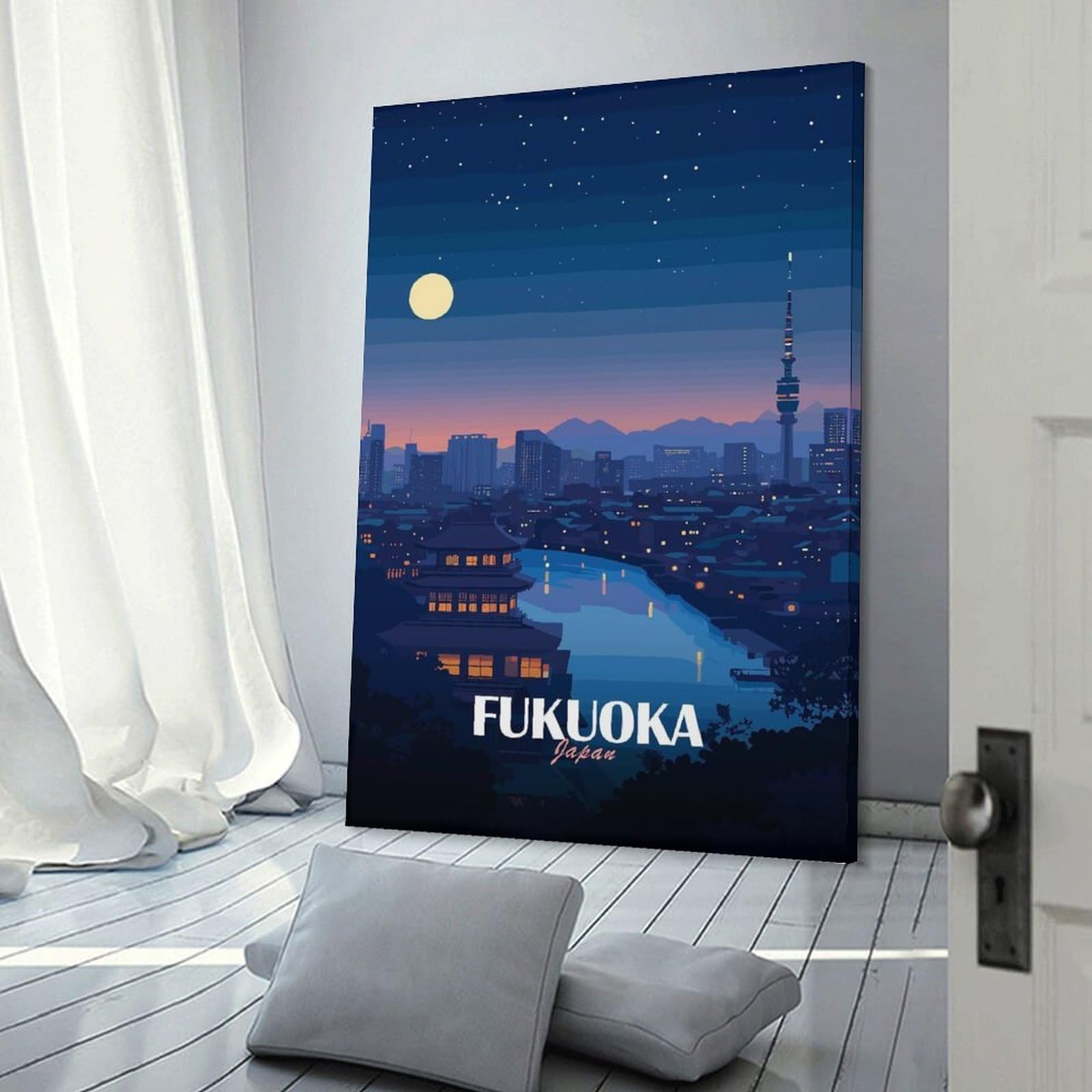 Junmoney Fukuoka Japan Night Cityscape Illustration Canvas Wall Art, 24x36inch(60x90cm), for Living Room, Bedroom Or Home Office, A Wall Art Gift for Fresh Interiors