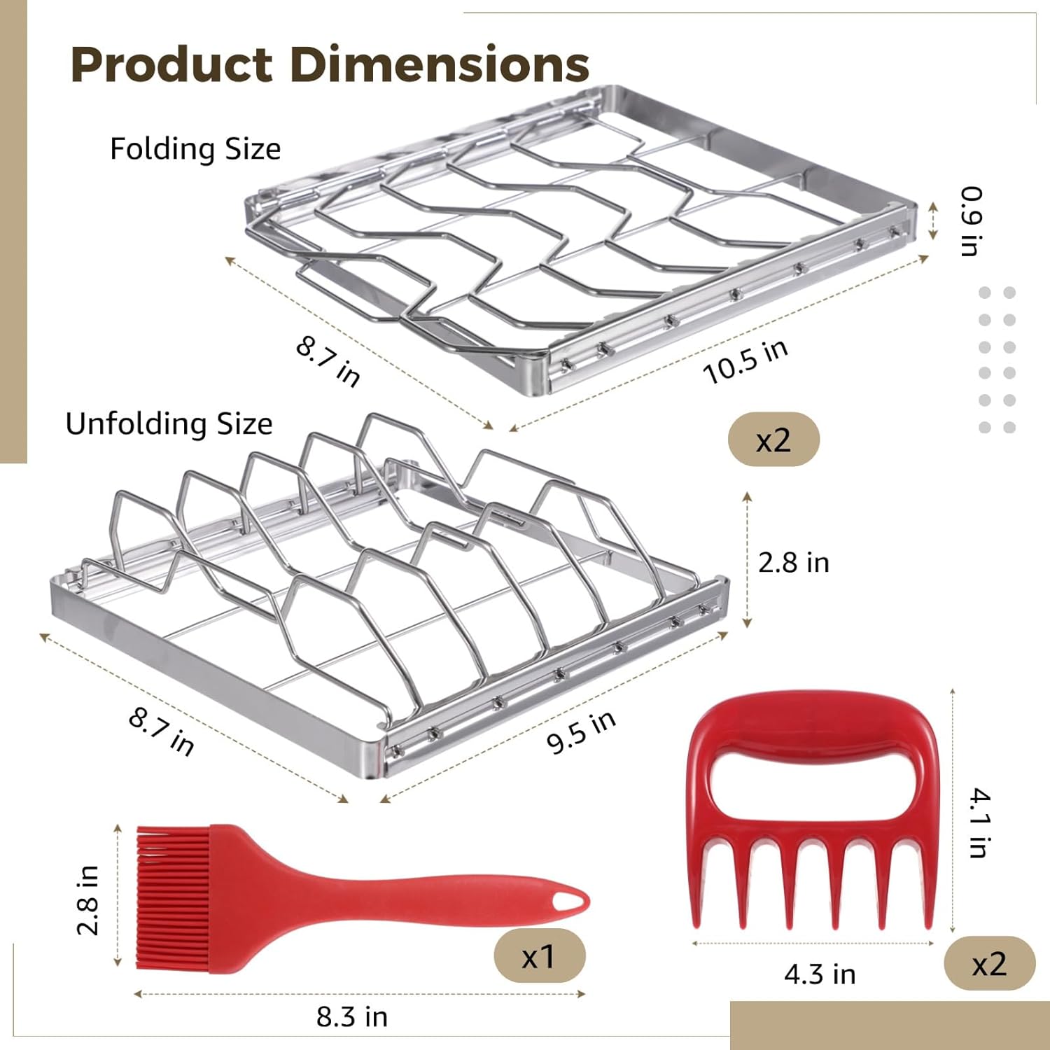 2 Pack Grill Rib Racks, Stainless Steel Holders for Cooking BBQ, Features Silicone Brush and Meat Shredders, Ideal Outdoor Grill Accessories