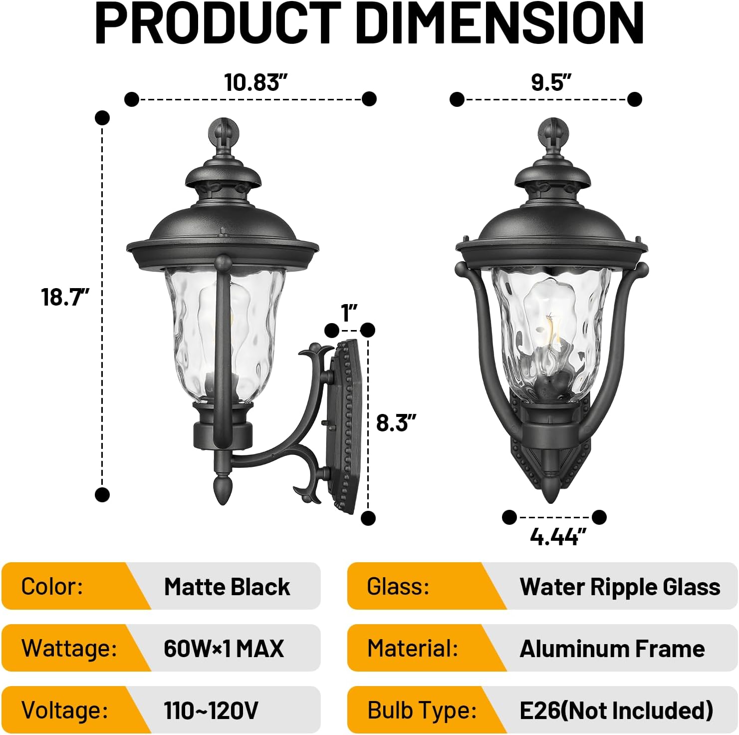 Wall Mounted Outdoor Light Fixtures,Water Ripple Glass Outdoor Lights,18.7Inch Exterior Light Fixtures Wall Mount,Vintage Style Waterproof Black Porch Light Outside Lights For House,Front Porch