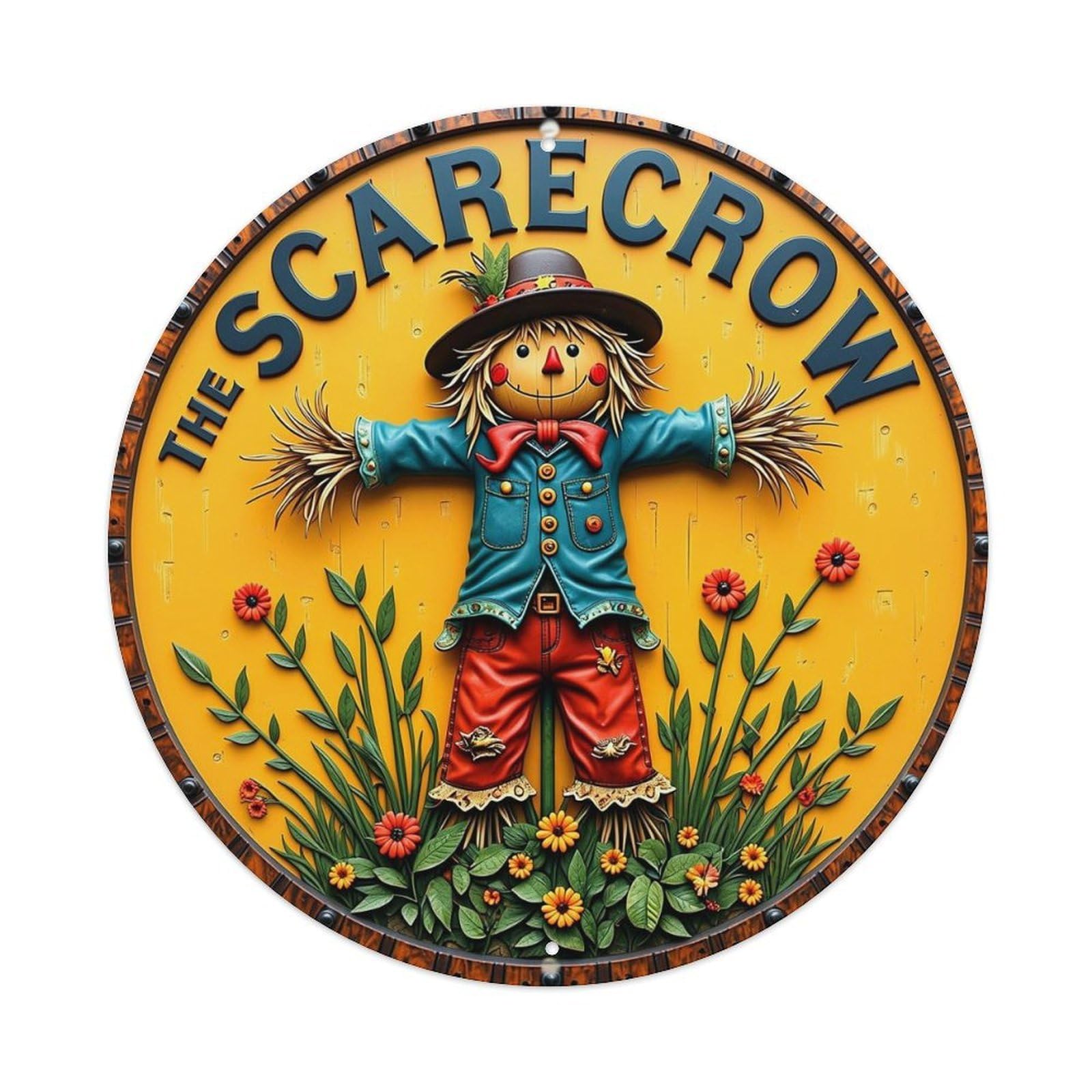 Scarecrow With Flowers And Leaves Retro Metal Sign Round Tin Sign, Vintage Decor Art Poster for Bar, Home, Man Cave, Kitchen, Laundry Room Gift 8x8Inch