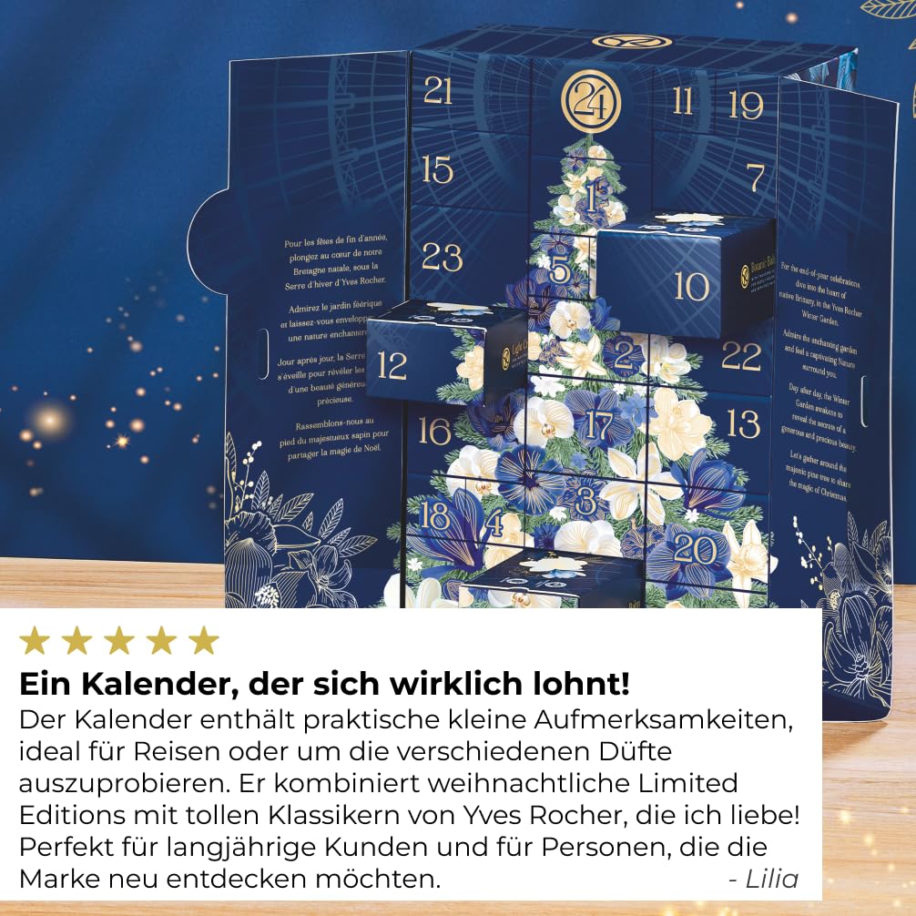 Yves Rocher - Calendario dell'Avvento con cosmetici e prodotti di bellezza, con 24 sorprese: cura del viso, trucchi, cura del corpo, cura dei capelli e profumi, da donna (Advent Winter Garden)