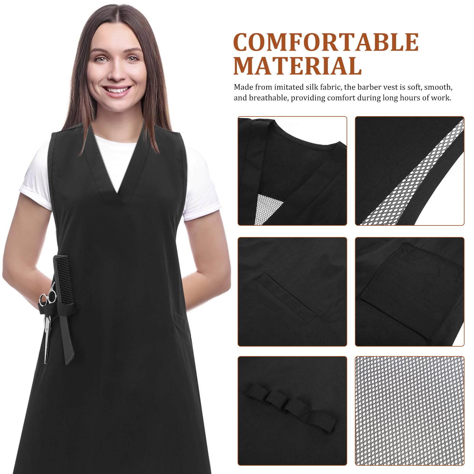 Générique Tablier Atsem Maternelle Col en V en Tissu Imitation Soie Noir Facile à Porter, Adapté pour Coiffeuse Adulte et Salon de Beauté