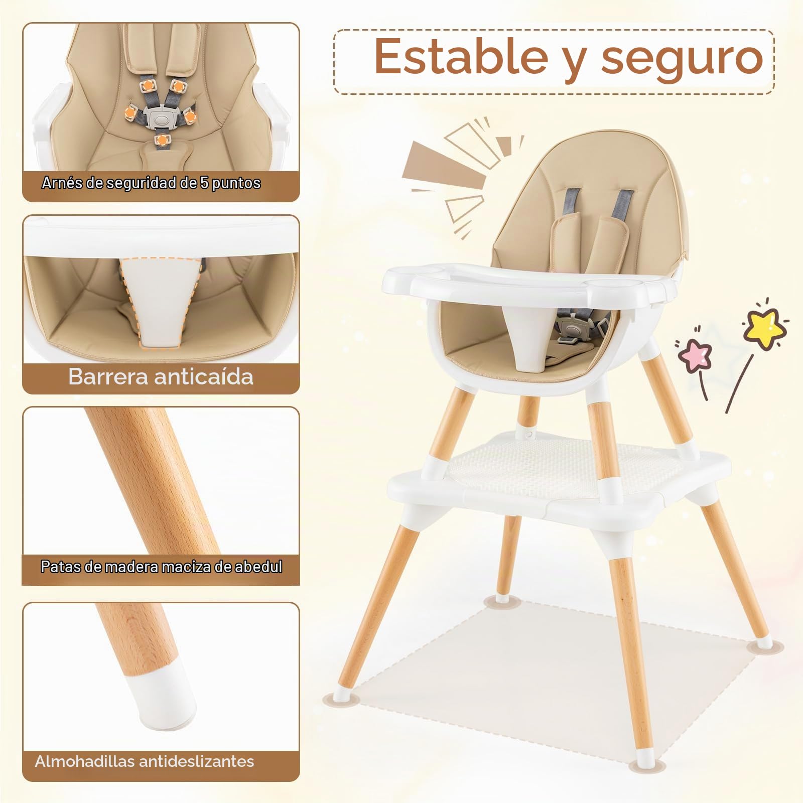 LIFEZEAL Trona para Bebé, Silla de Comedor 6 en 1 con Cojín de Asiento Extraíble, Arnés de Seguridad, Asiento Infantil con Bandeja Extraíble y Tabla de Bloques para Bebé de 6 a 36 Meses (Caqui)