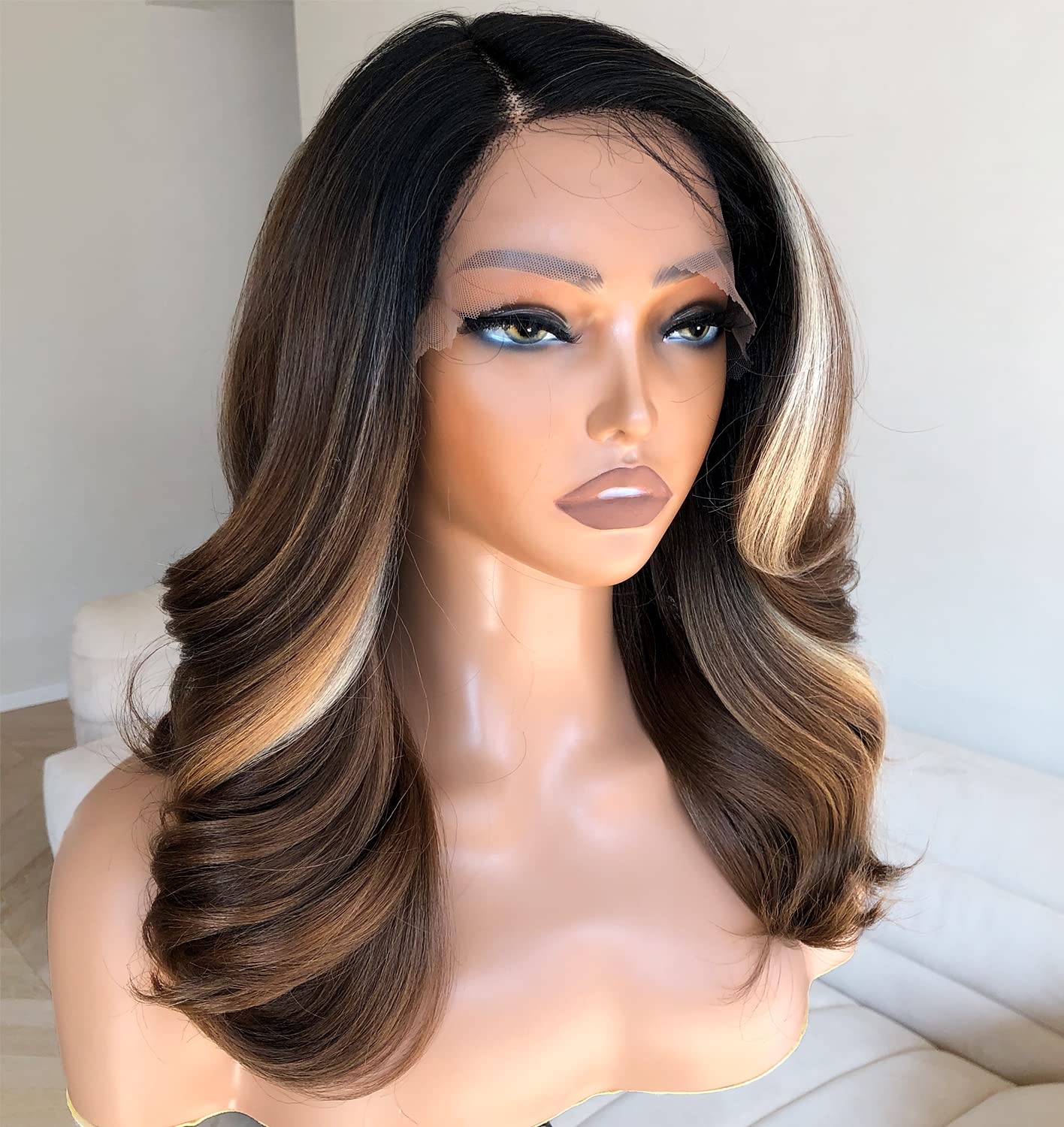 BlackSwern 14inch HD Lace Body Wave Lace Front Wig Glueless Wigs Human Hair Pre Plucked Pre Cut, Synthetic Lace Front Wig Blowout Wigs With Side Part Feathered Bangs For Black Women