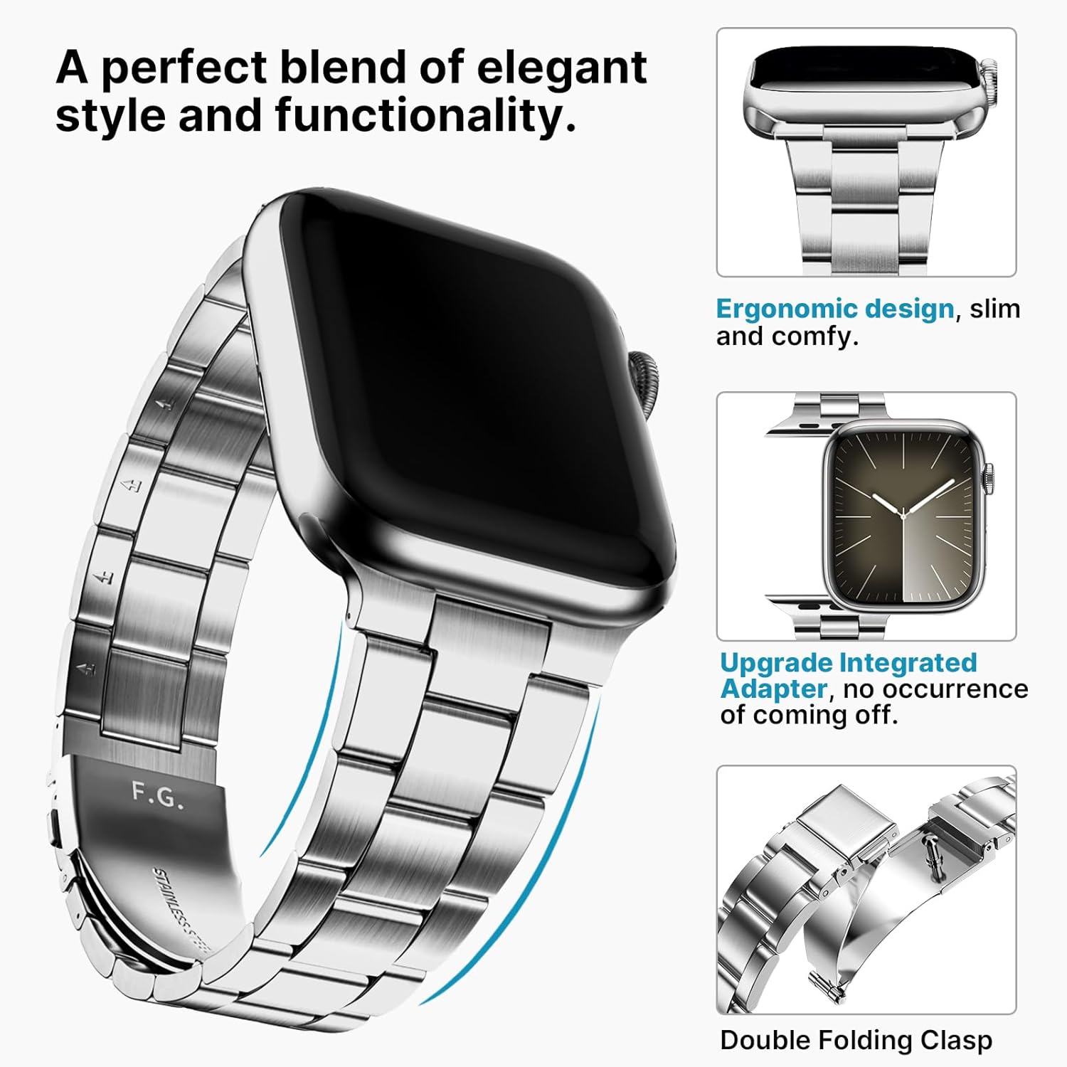 Fullmosa No Tools Needed Compatible with Apple Watch Bands for Women Men 41mm 40mm 38mm 46mm 49mm 45mm 44mm 42mm, Metal Strap with Case for iWatch Series 11 10 9 8 7 6 5 4 3 2 1 SE3/2/1 Ultra3/2/1, 38mm 40mm 41mm, Silver - Image 3