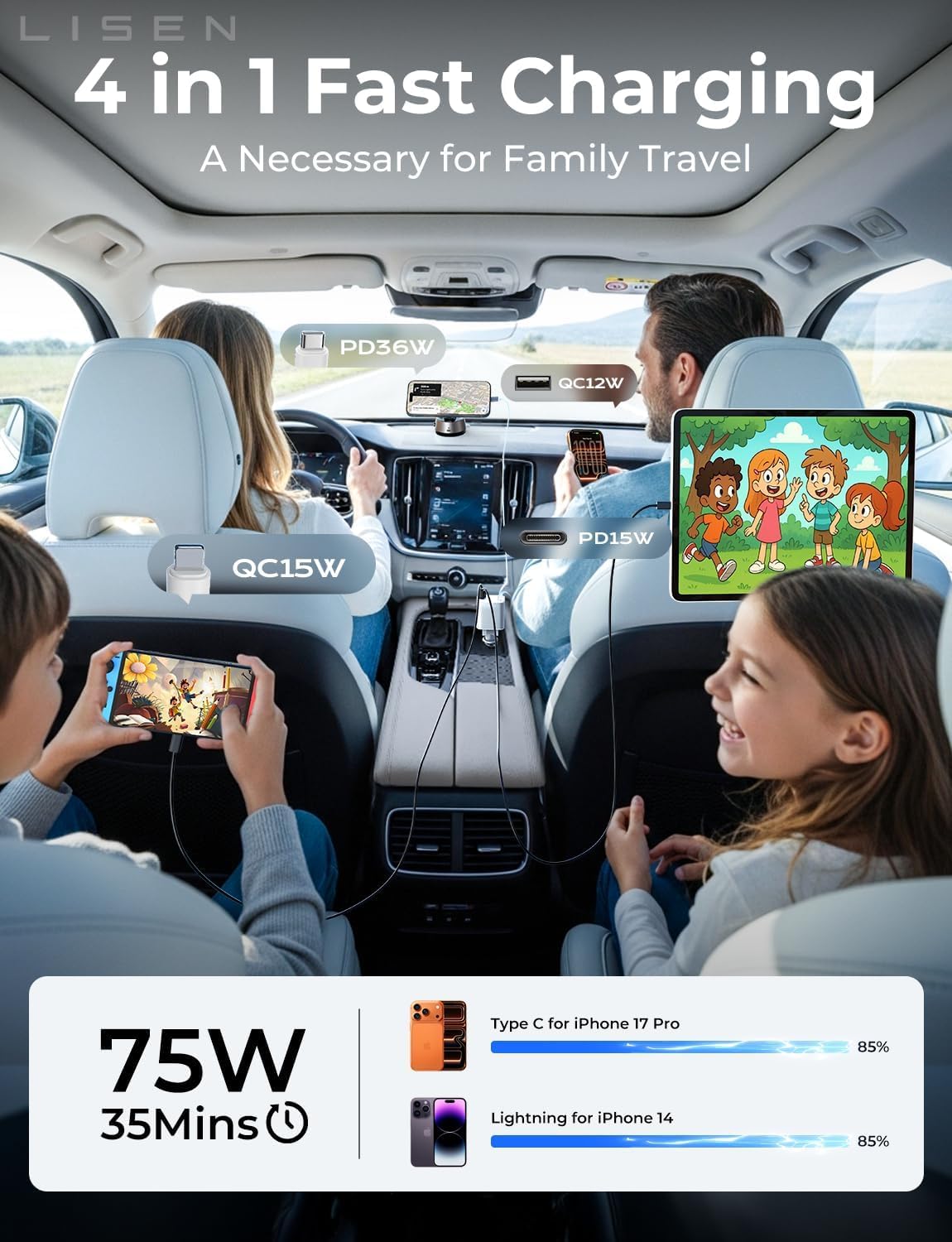 LISEN Retractable Car Charger for iPhone, for iPhone 17 Pro Max 16 15 14 13 12 Plus Mini, Cute 4 in 1 Retractable USB C Car Charger Fast Charge for Women Men, 84W Fast Charging Car Accessorie view 7