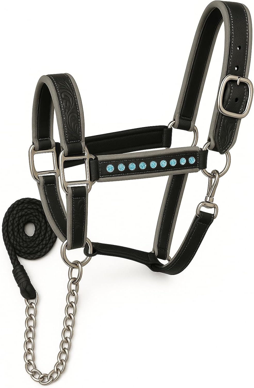 Handcrafted Leather Horse Halter – Tooled Design with Crystals, Cushioned Padding, Adjustable Fit, Chain Lead Pony M71