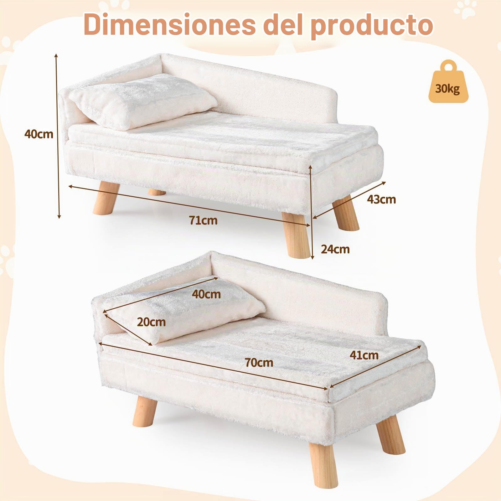 GYMAX Sofá para Gatos de Interior con Cojín Suave y Almohadilla de Asiento Cómoda, Cama Sofá para Perros con Respaldo Alto y Patas de Madera, Cama Resistente para Mascotas (Beige)