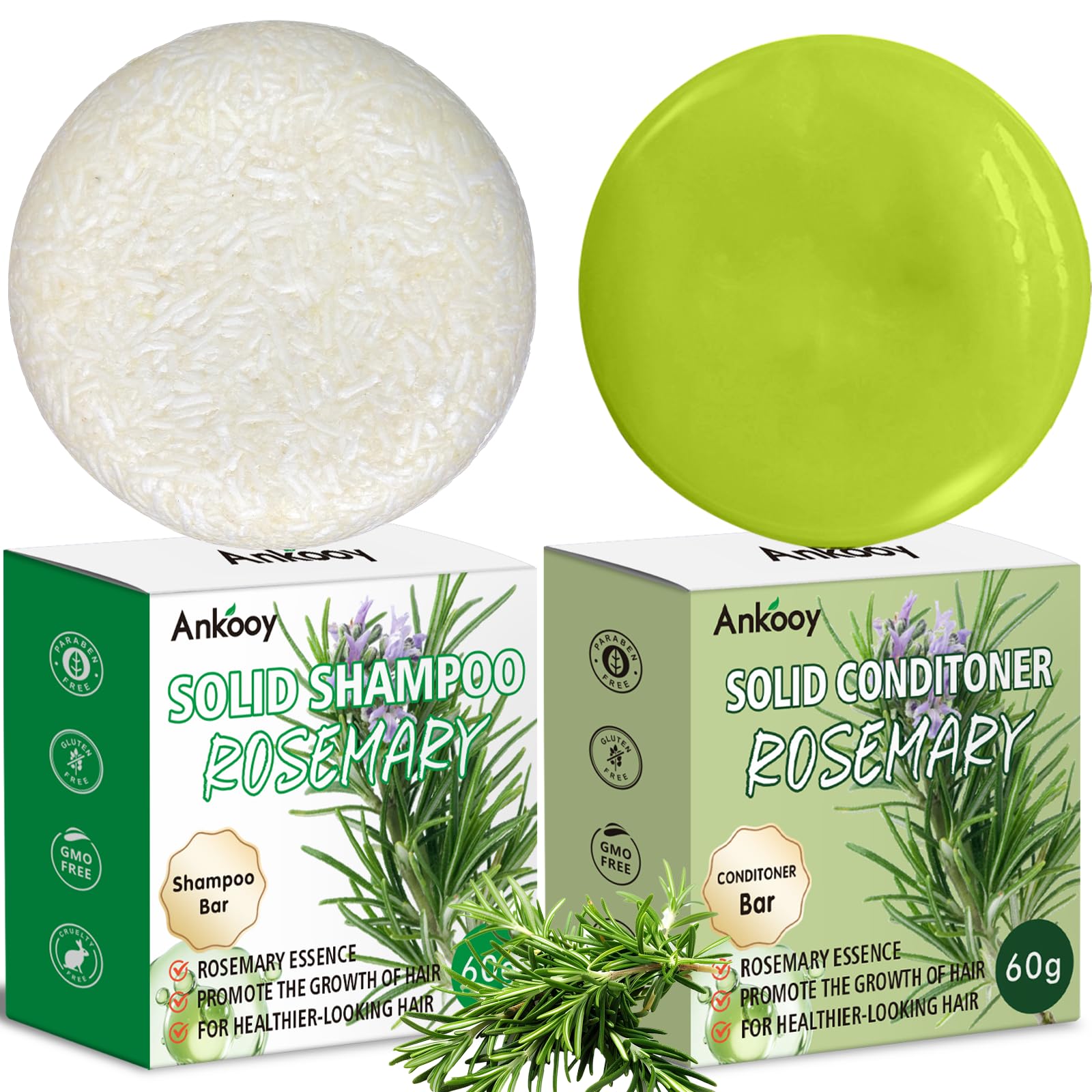 ANKOOY 2 Pack Rosemary Oil Shampoo Bars and Conditioner Set,Bar Shampoo and Conditioner for Men and Women, Strengthens Hair, Thickens Strands, Controls Oil, Supports Scalp Health, Reduces Hair Loss
