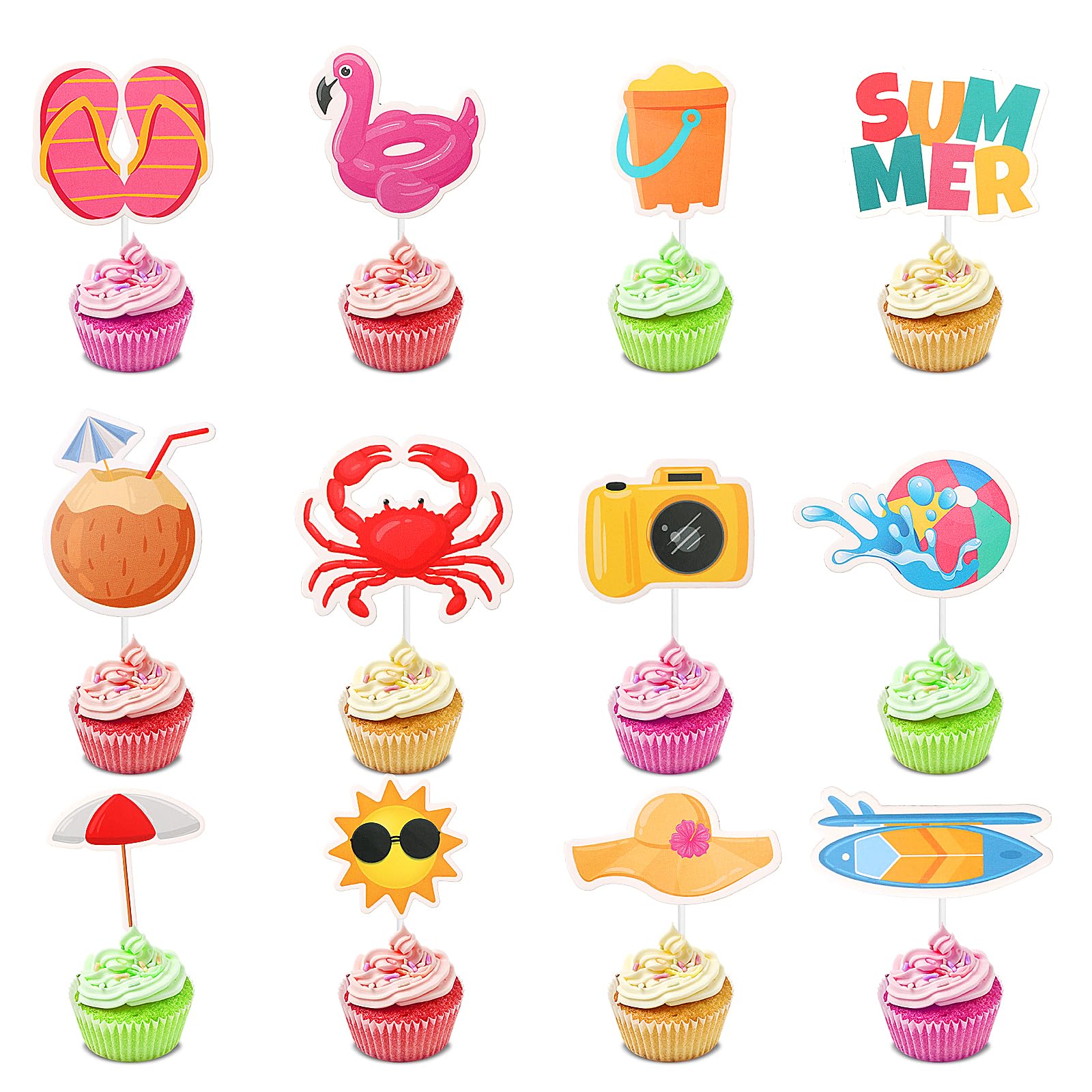 Hebterrka 36 Stück Beach Cupcake Topper – Tropische Motive, Für Sommerpartys, Hochzeiten, Geburtstage