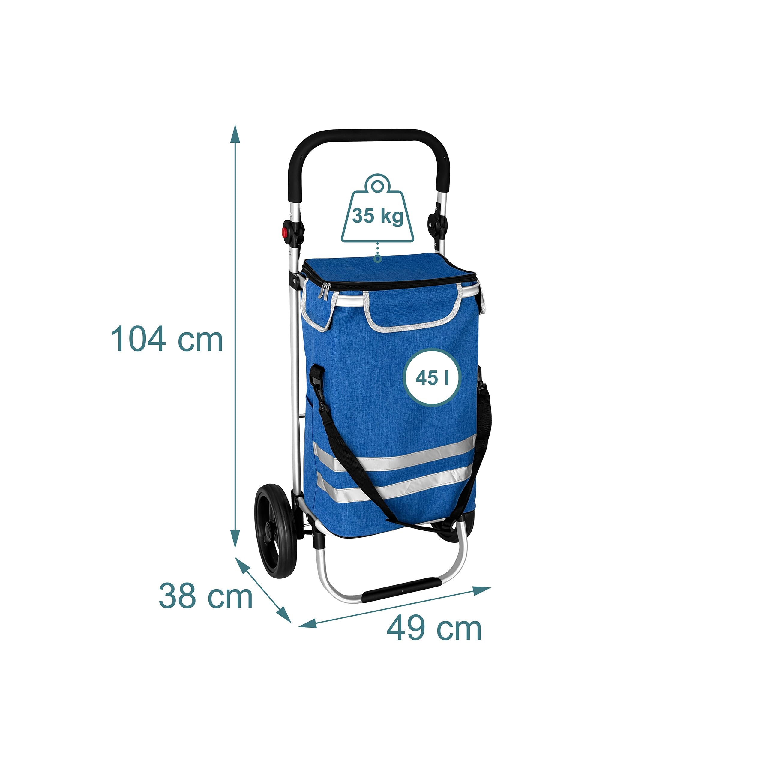 Carrello della Spesa Relaxdays, 2 Ruote Grandi, Tasca Termica, Borsa Rimovibile, 45 l, Fino a 35 kg, Pieghevole, Blu