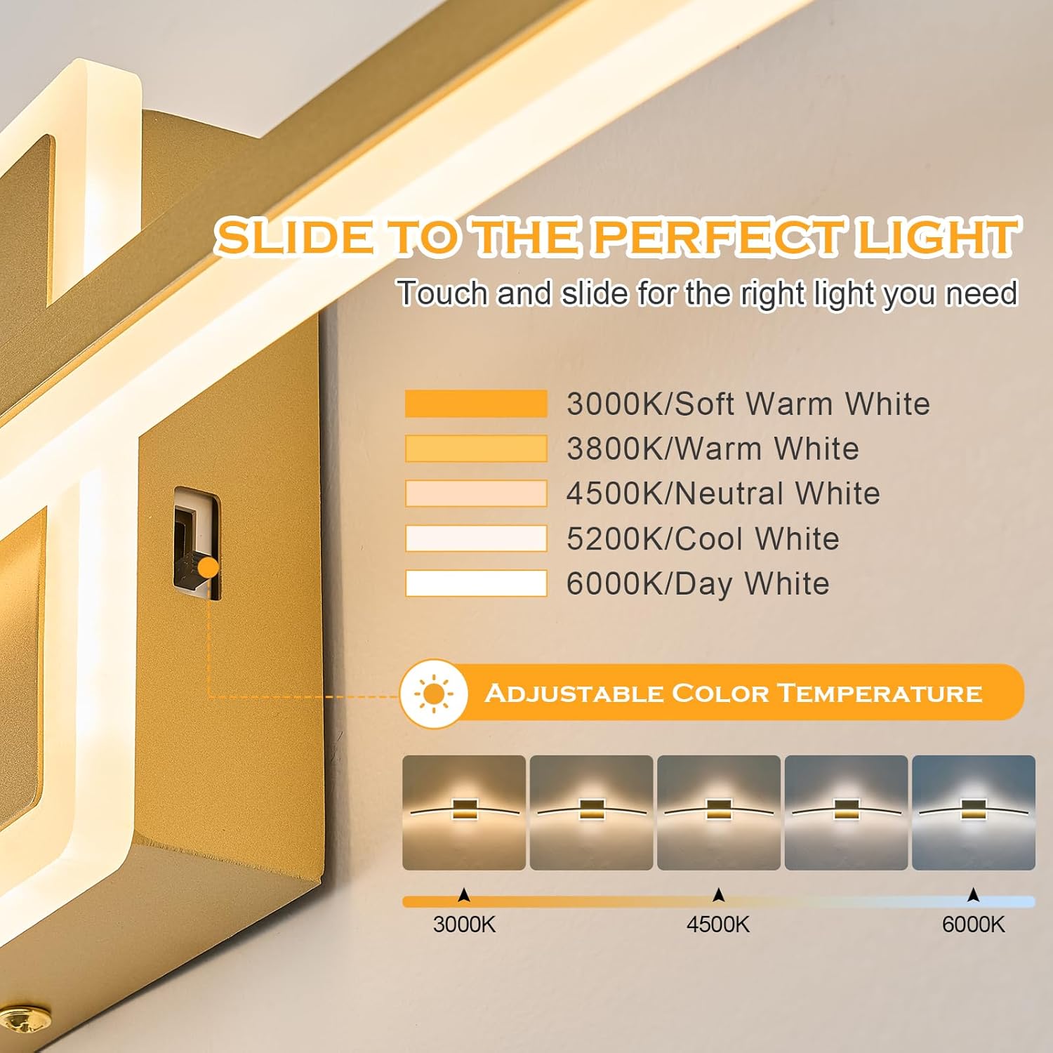 Modern LED Wall Sconce Gold Light Fixtures Over Mirror Modern Bath Wall Lighting for Bathroom, Dimmable Vanity Light for Bathroom(5CCT 23.6Inch)