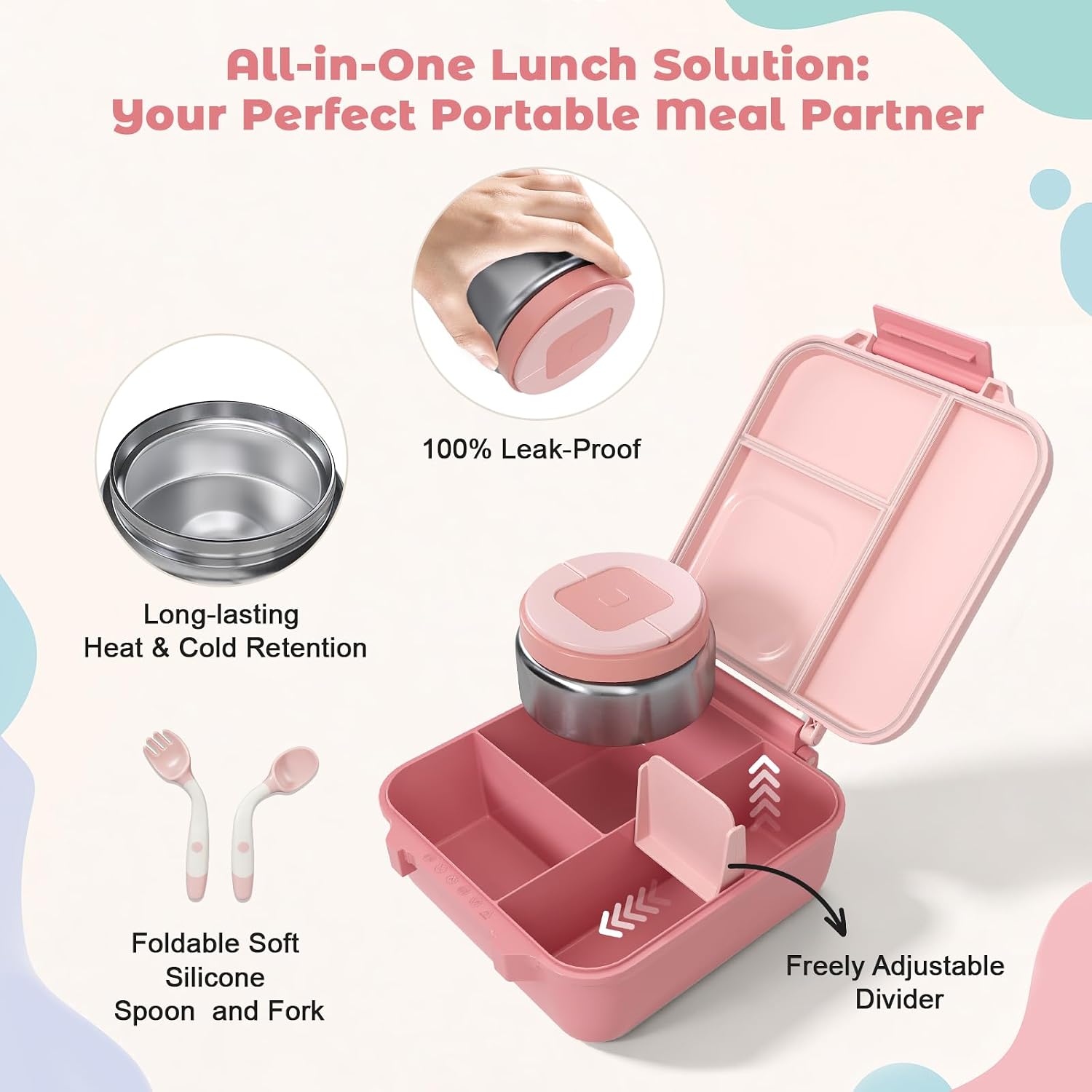 Kids Lunch Box 4 Compartment Bento with 8oz Food Jar (pink)