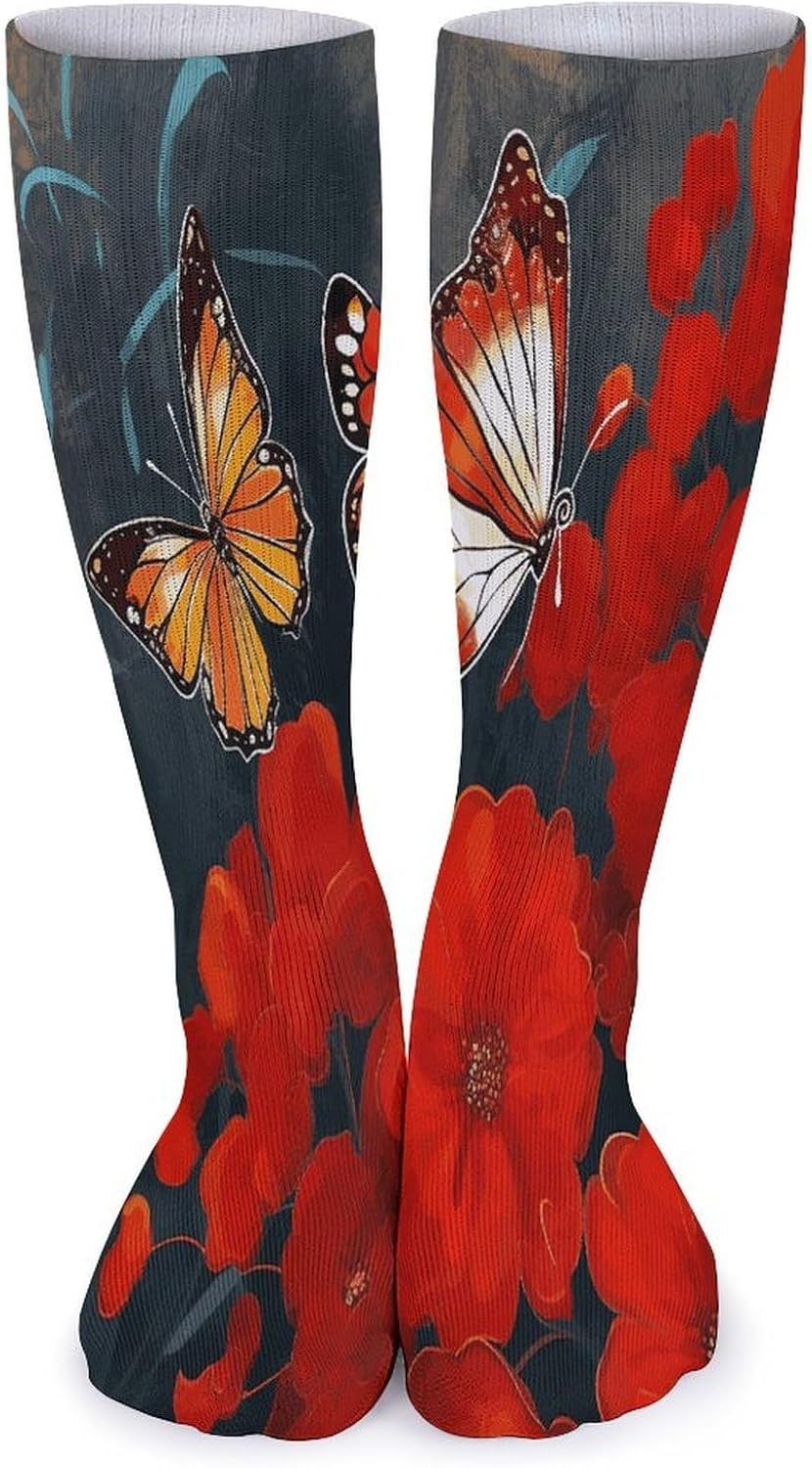 Red Flowers And Butterflies Knee High Socks Cozy Knee High Socks Soft Mid-Length Sock for All Seasons Daily Wear Adult