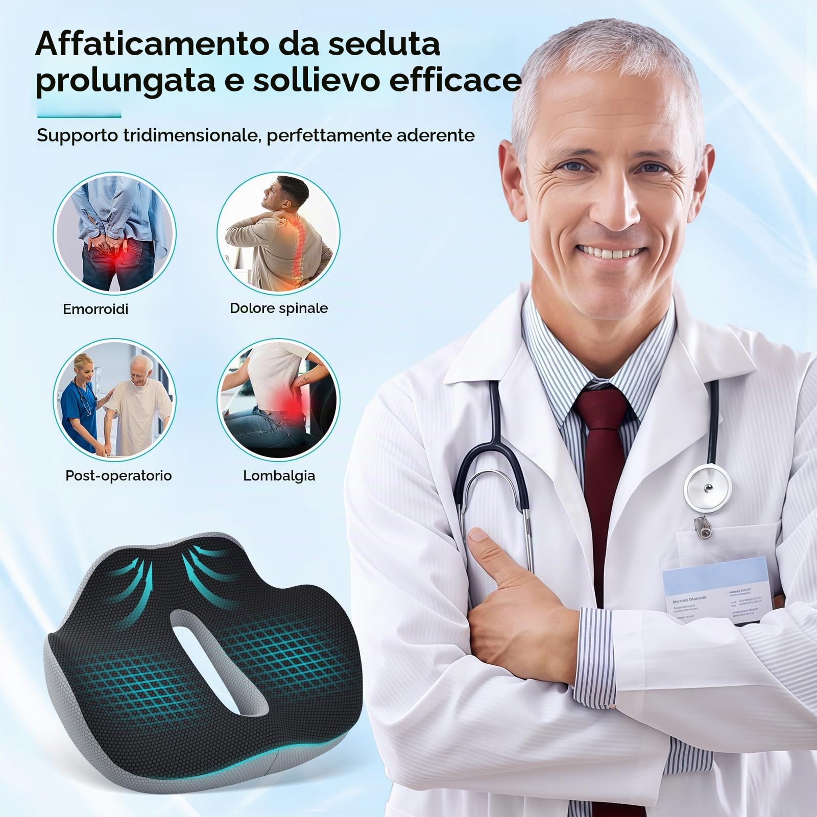 Cuscino Sedia Ufficio Auto XXL, 50x40x10cm, Sedia Ergonomica con Maniglia a Fori, Cuscino Memory Foam Ortopedico, Antidecubito, Traspirante, Cuscino Ciambella per Coccige Rotelle Gioco Rilievo